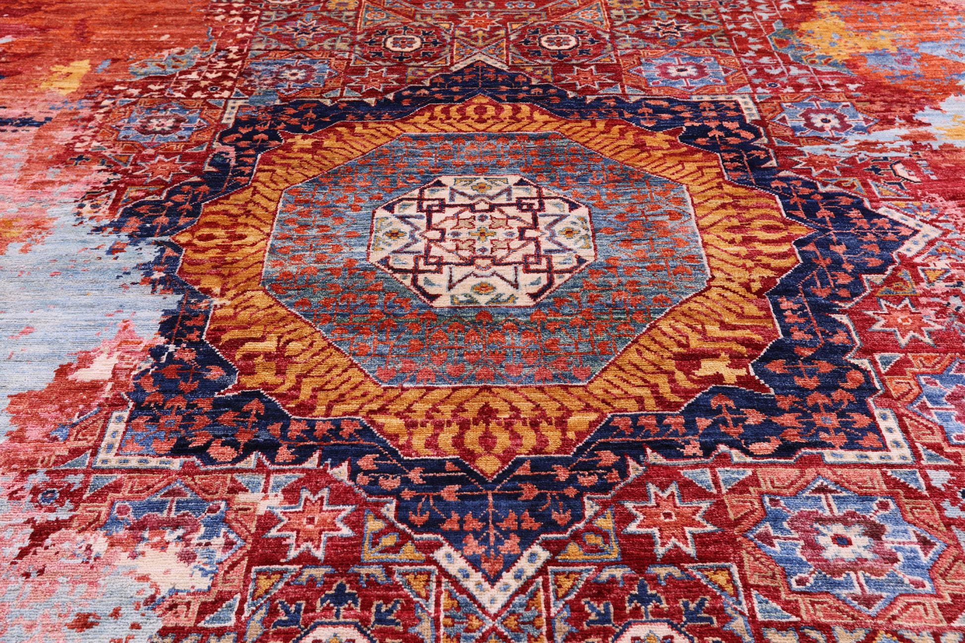 Abstract Modern Mamluk Handmade Wool Rug - 8' 9" X 11' 11" - Golden Nile