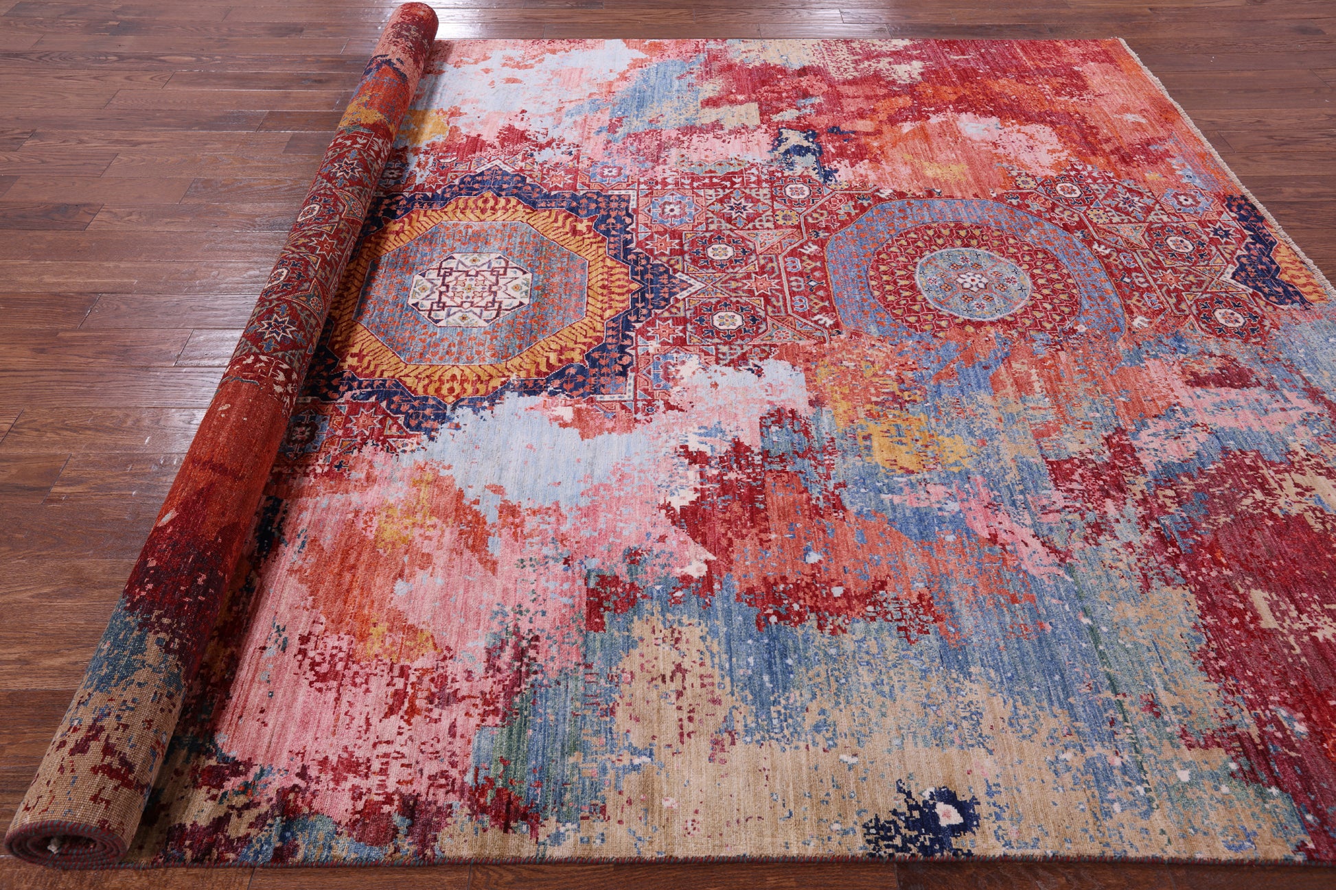 Abstract Modern Mamluk Handmade Wool Rug - 8' 9" X 11' 11" - Golden Nile