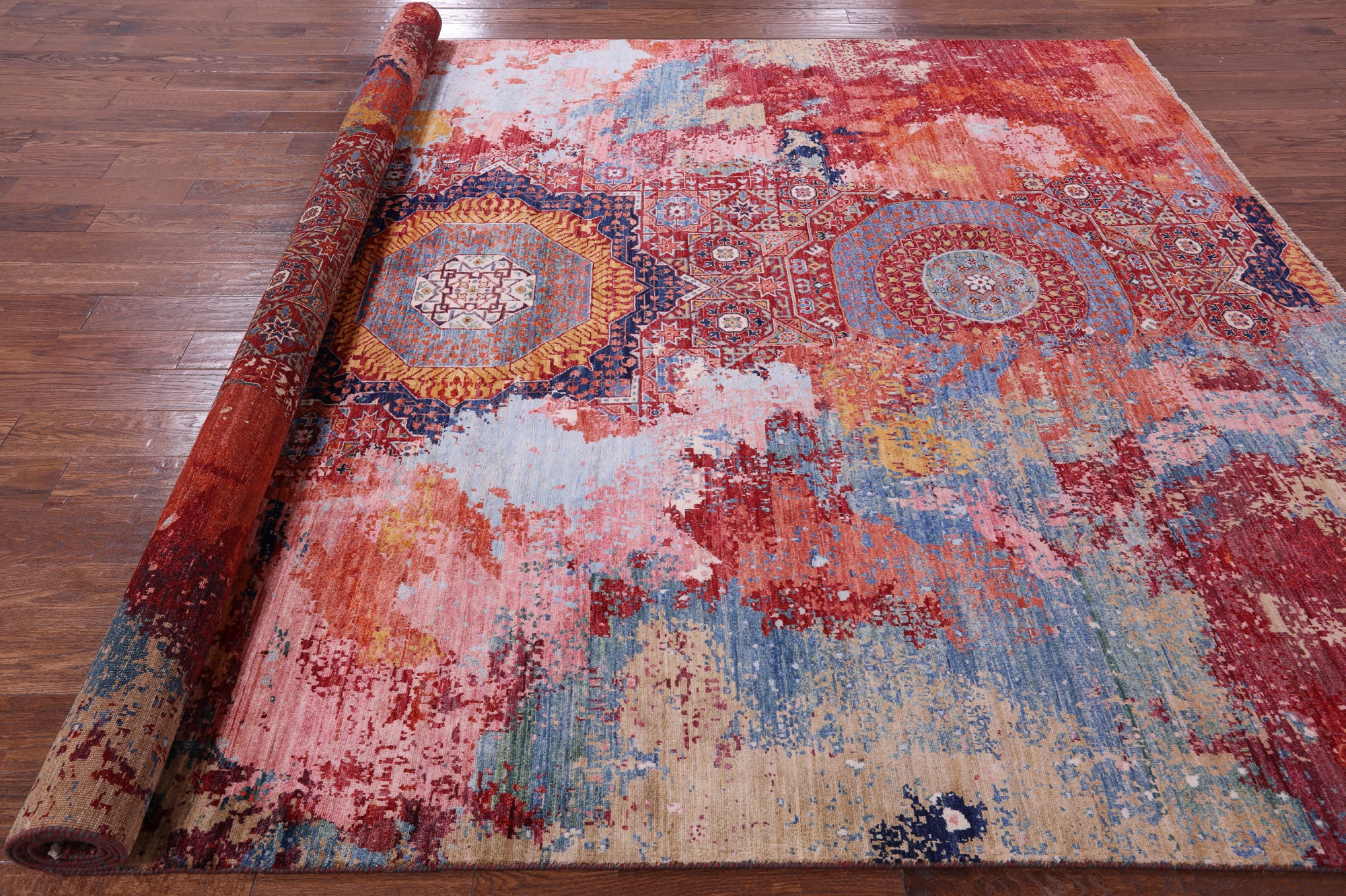 Abstract Modern Mamluk Handmade Wool Rug - 8' 9" X 11' 11" - Golden Nile