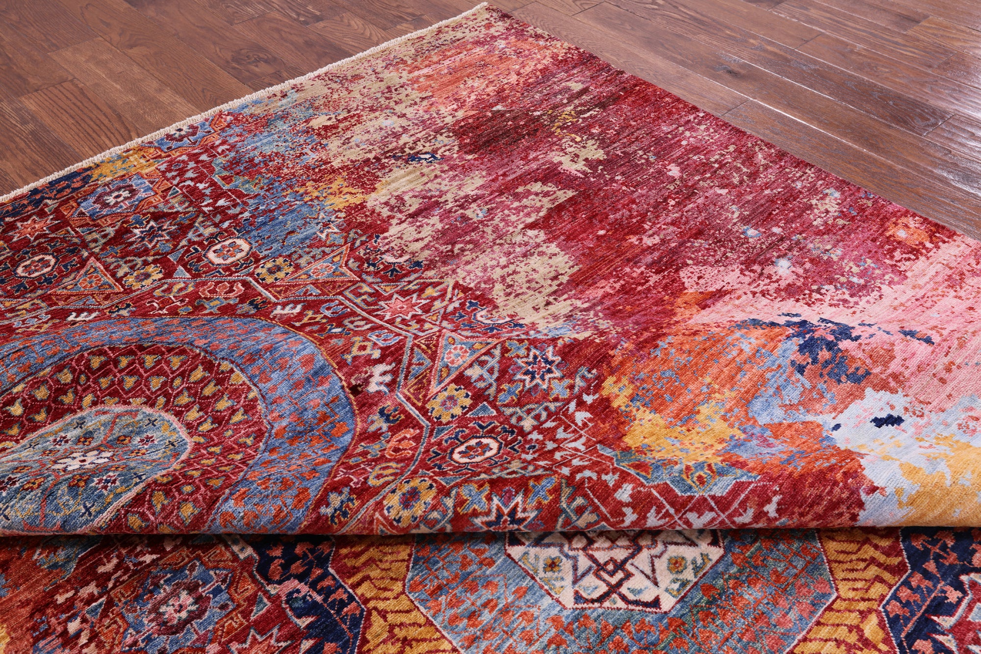 Abstract Modern Mamluk Handmade Wool Rug - 8' 9" X 11' 11" - Golden Nile