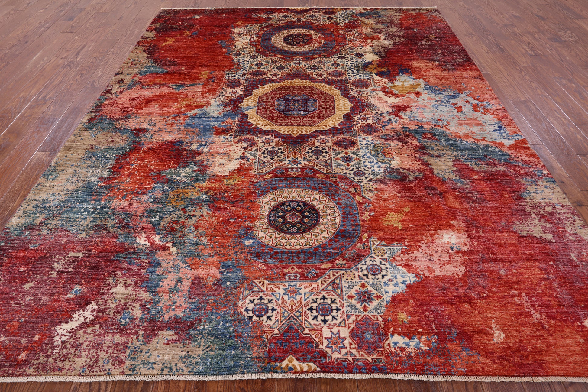 Abstract Modern Mamluk Hand Knotted Wool Rug - 8' 1" X 9' 8" - Golden Nile