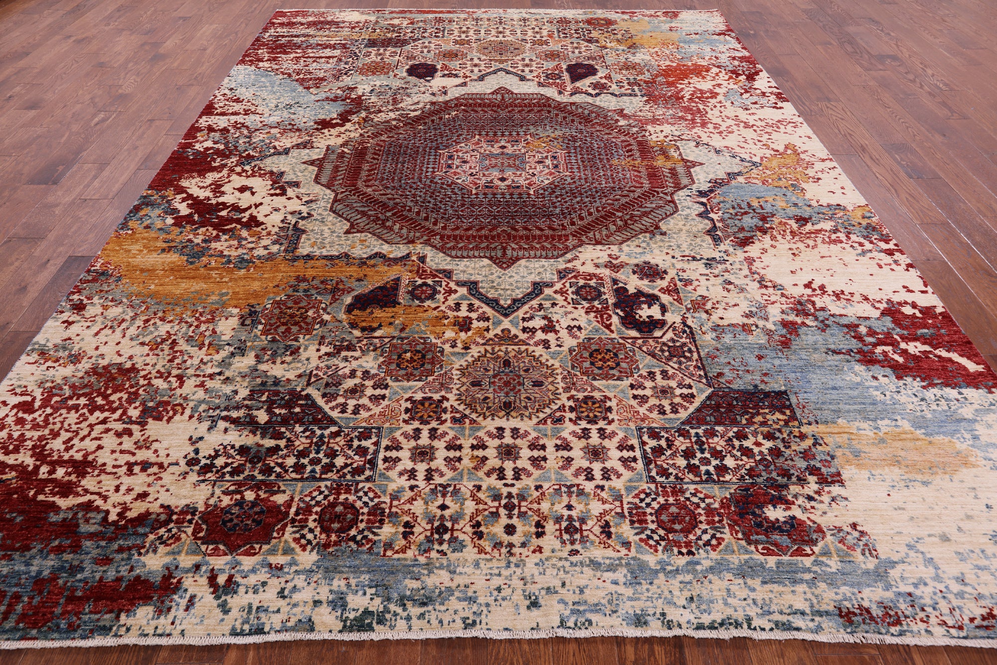 Abstract Modern Mamluk Hand Knotted Wool Rug - 8' 11" X 11' 10" - Golden Nile
