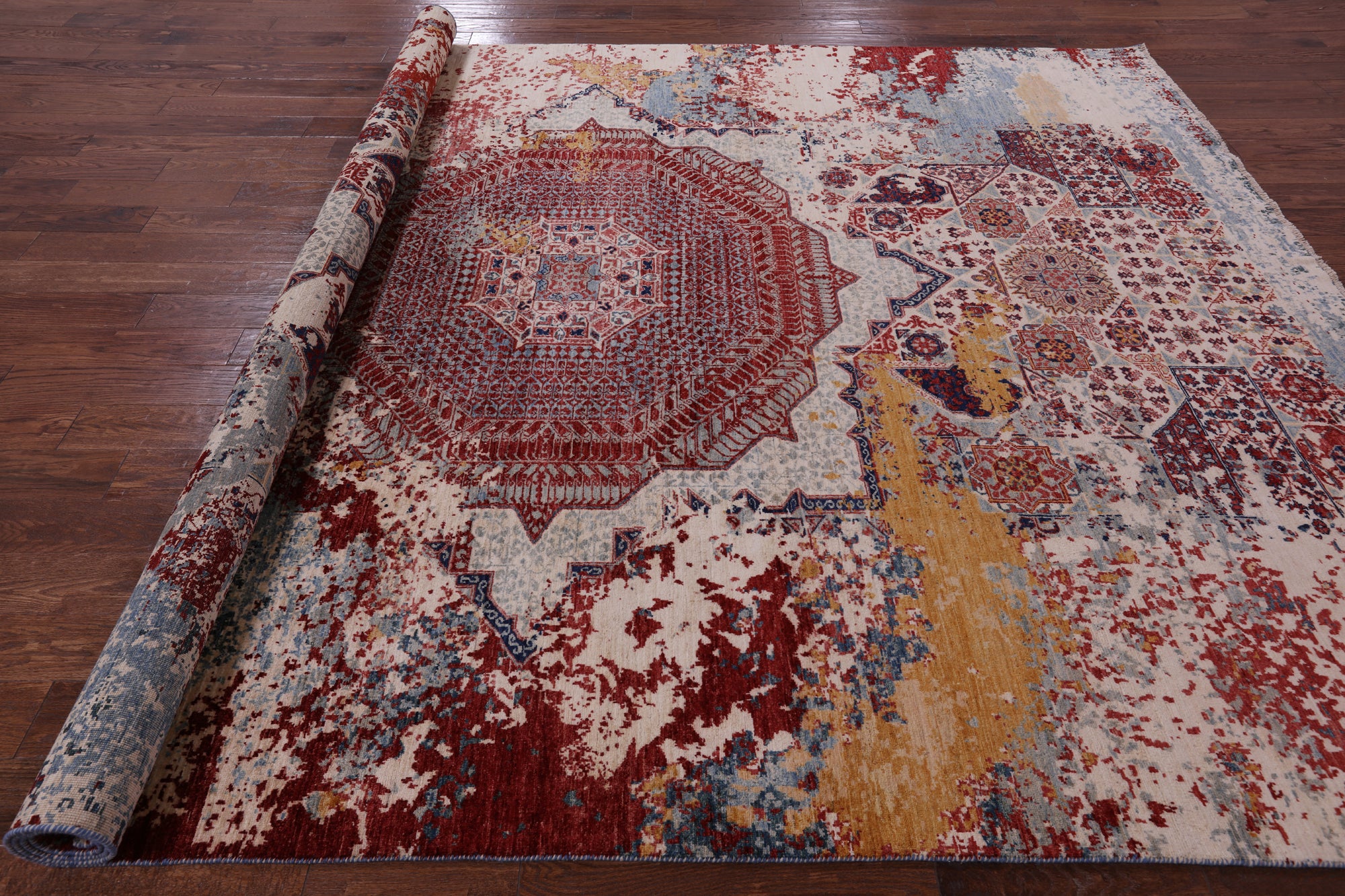 Abstract Modern Mamluk Hand Knotted Wool Rug - 8' 11" X 11' 10" - Golden Nile