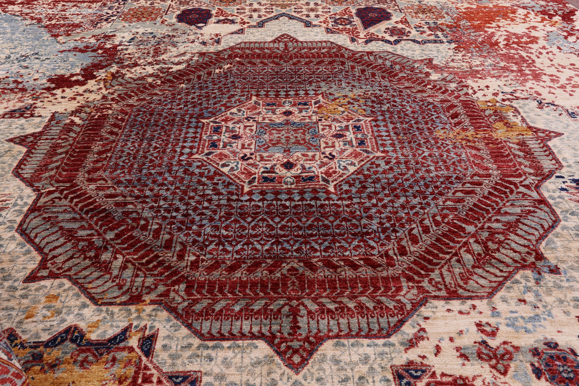 Abstract Modern Mamluk Hand Knotted Wool Rug - 8' 11" X 11' 10" - Golden Nile