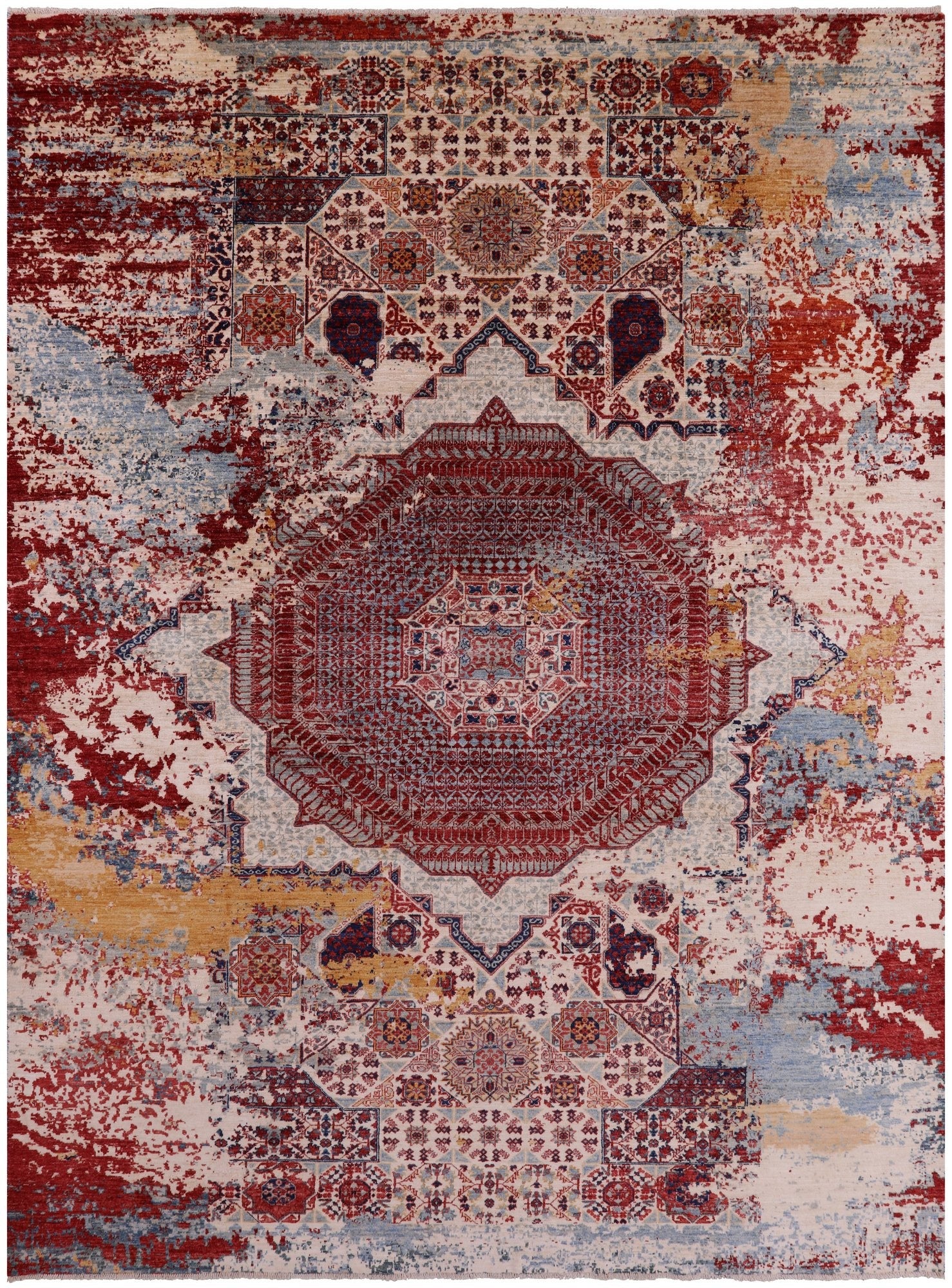 Abstract Modern Mamluk Hand Knotted Wool Rug - 8' 11" X 11' 10" - Golden Nile