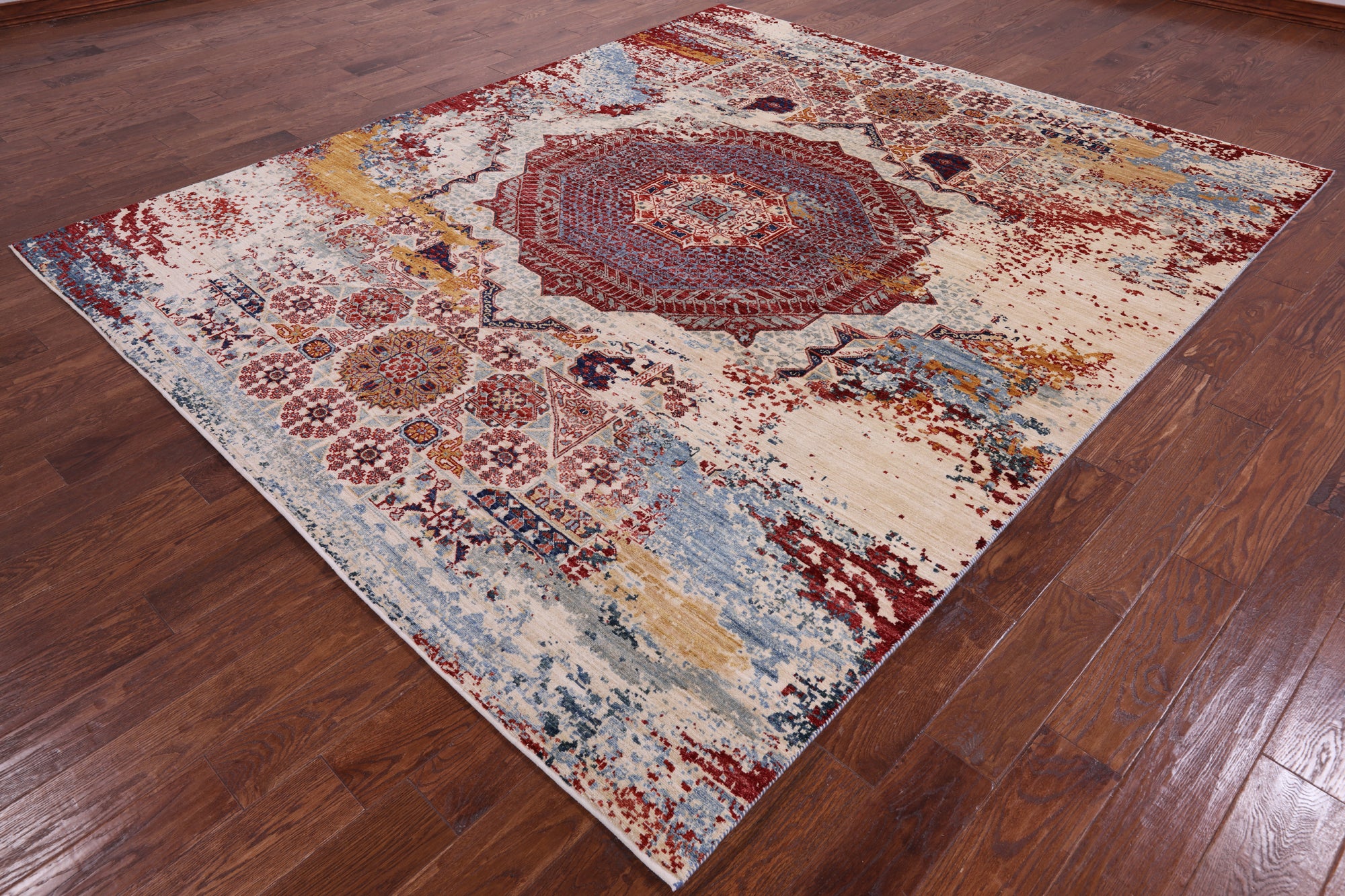 Abstract Modern Mamluk Handmade Wool Rug - 8' 2" X 9' 9" - Golden Nile