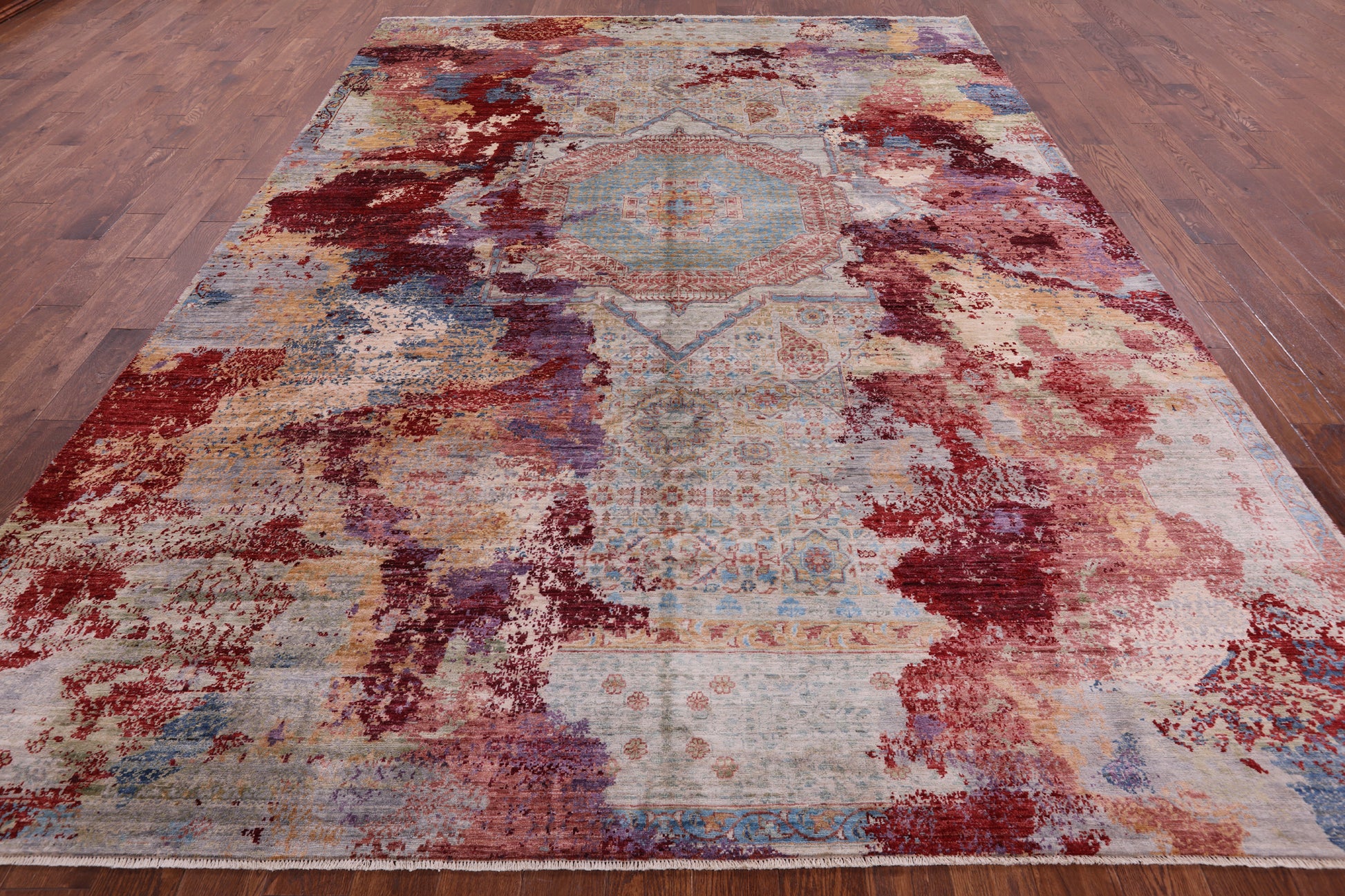 Abstract Modern Mamluk Hand Knotted Wool Rug - 9' 0" X 12' 5" - Golden Nile