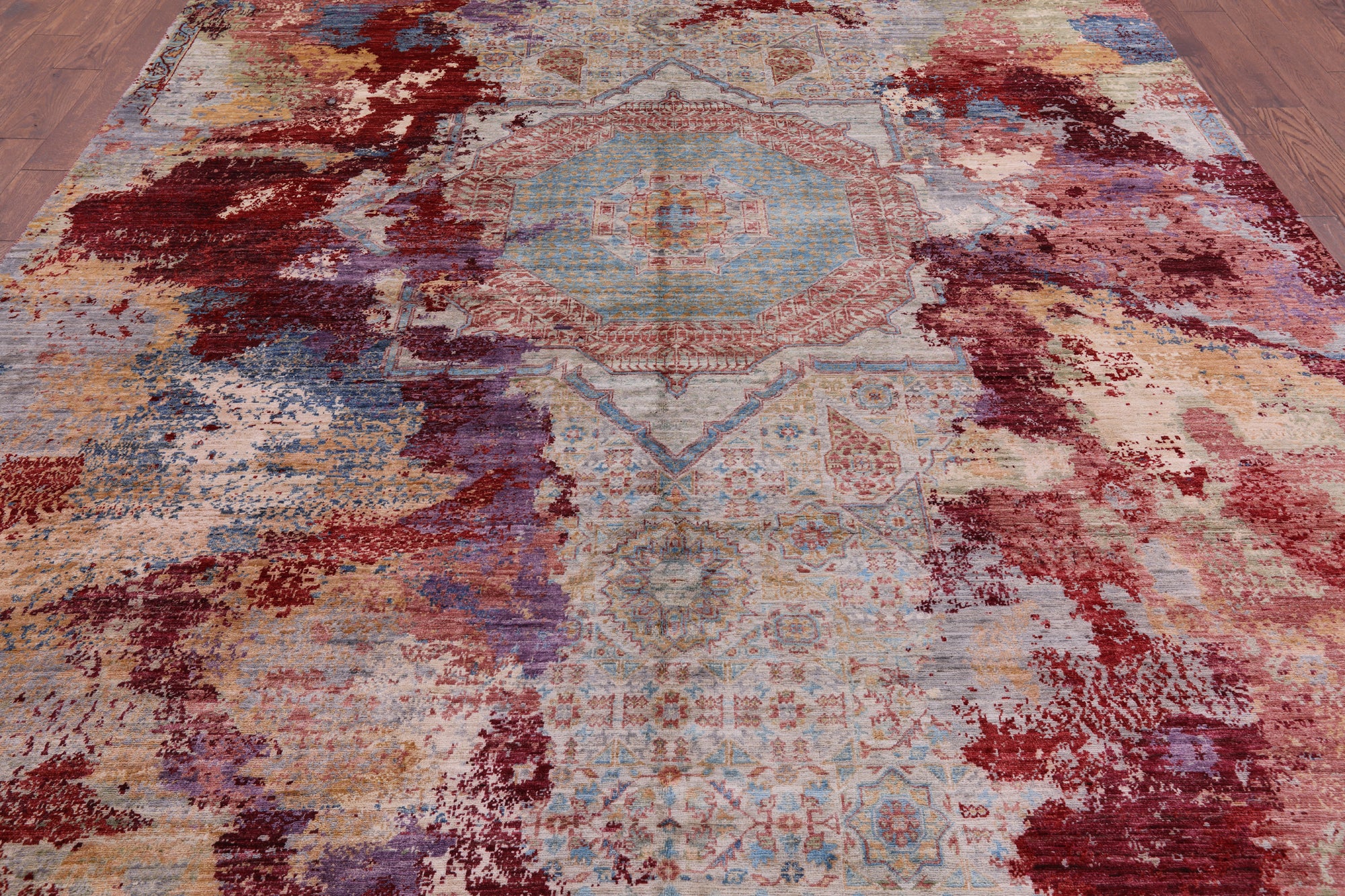 Abstract Modern Mamluk Hand Knotted Wool Rug - 9' 0" X 12' 5" - Golden Nile