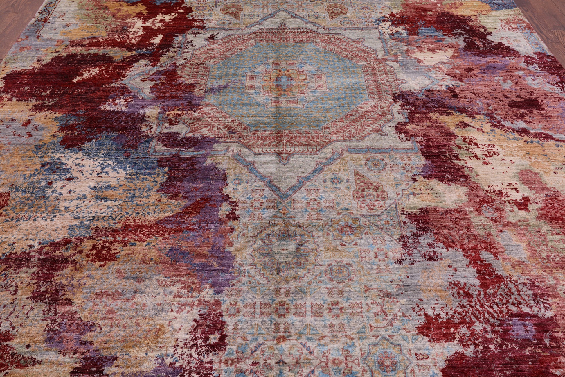 Abstract Modern Mamluk Hand Knotted Wool Rug - 9' 0" X 12' 5" - Golden Nile