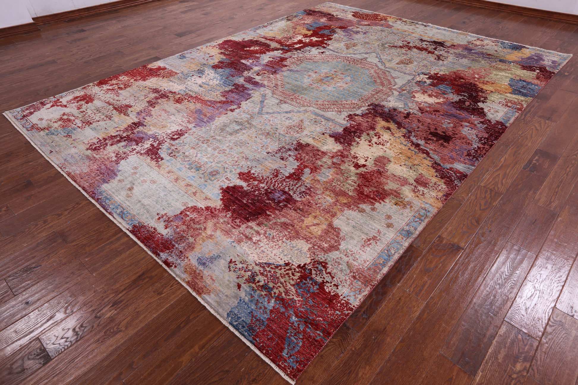 Abstract Modern Mamluk Hand Knotted Wool Rug - 9' 0" X 12' 5" - Golden Nile
