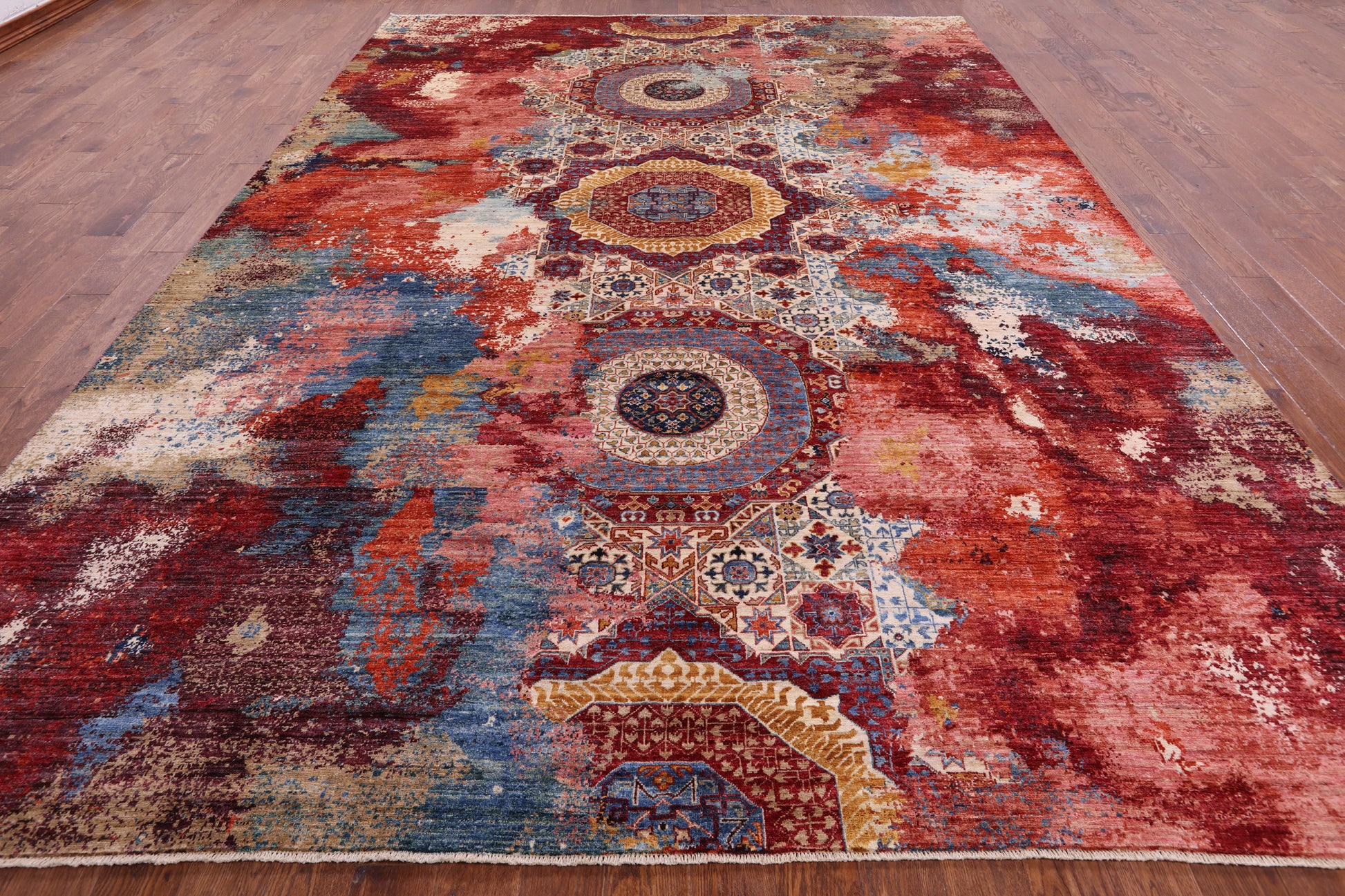 Abstract Modern Mamluk Handmade Wool Rug - 9' 10" X 13' 10" - Golden Nile