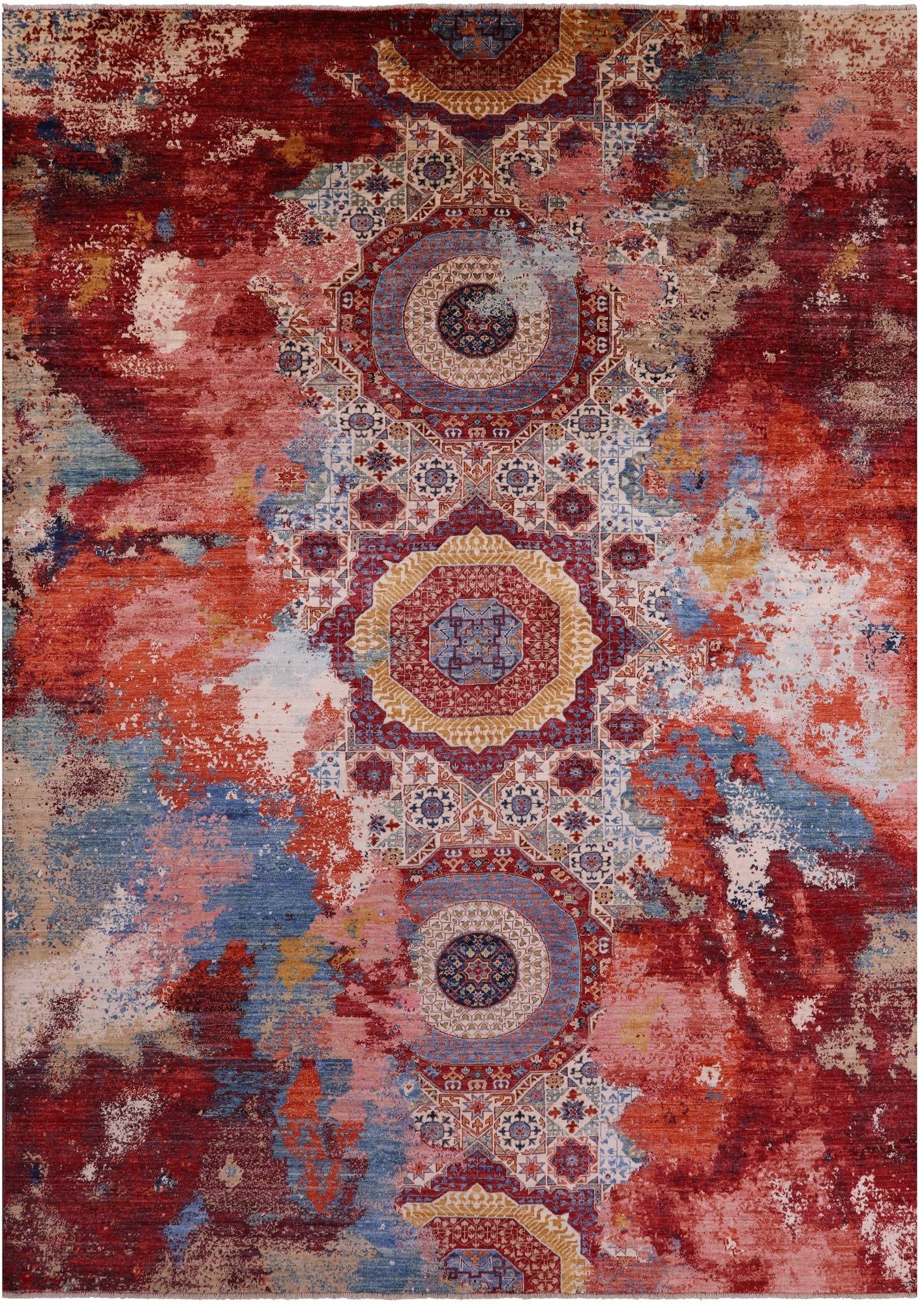 Abstract Modern Mamluk Handmade Wool Rug - 9' 10" X 13' 10" - Golden Nile