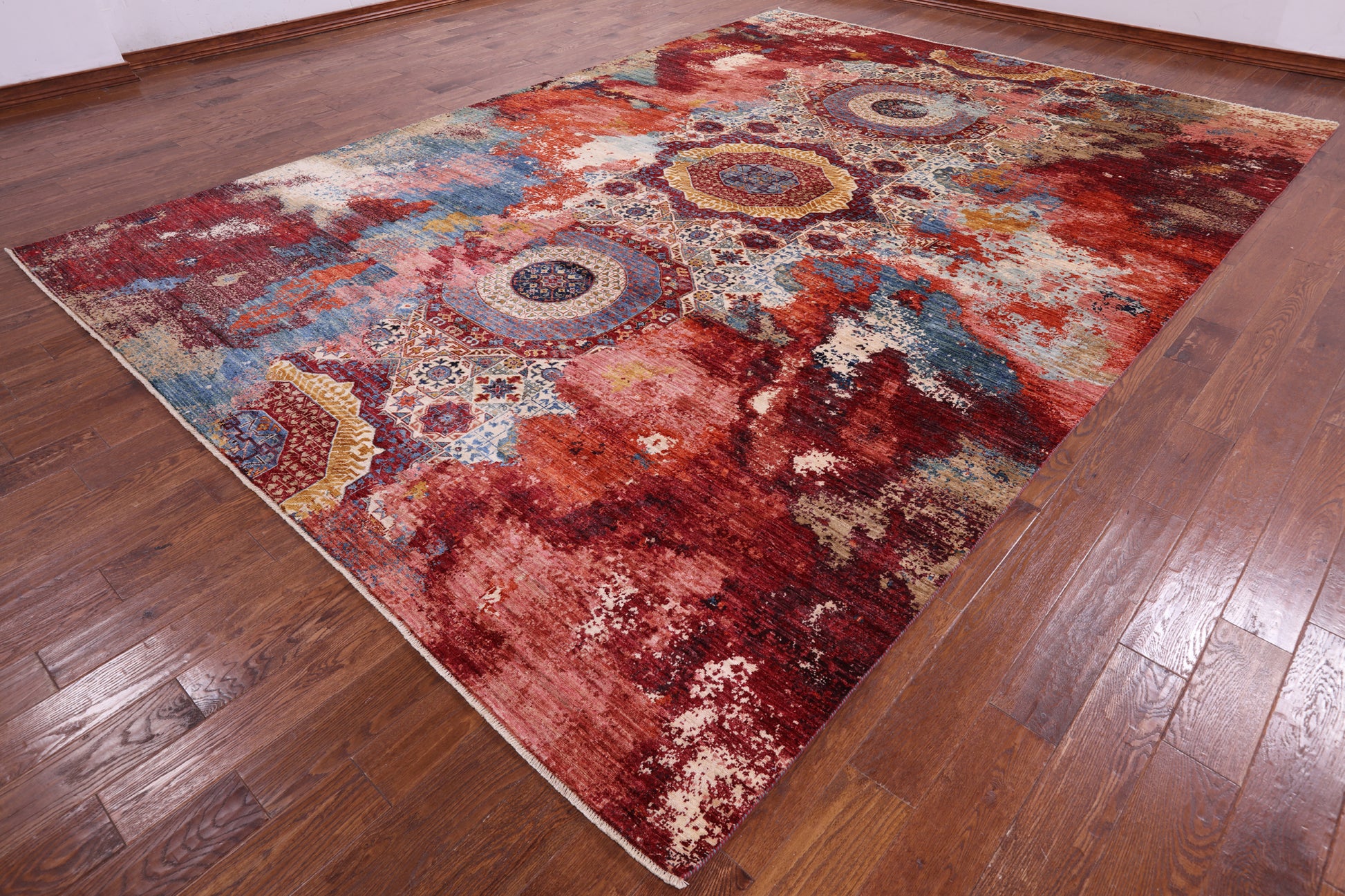 Abstract Modern Mamluk Handmade Wool Rug - 9' 10" X 13' 10" - Golden Nile