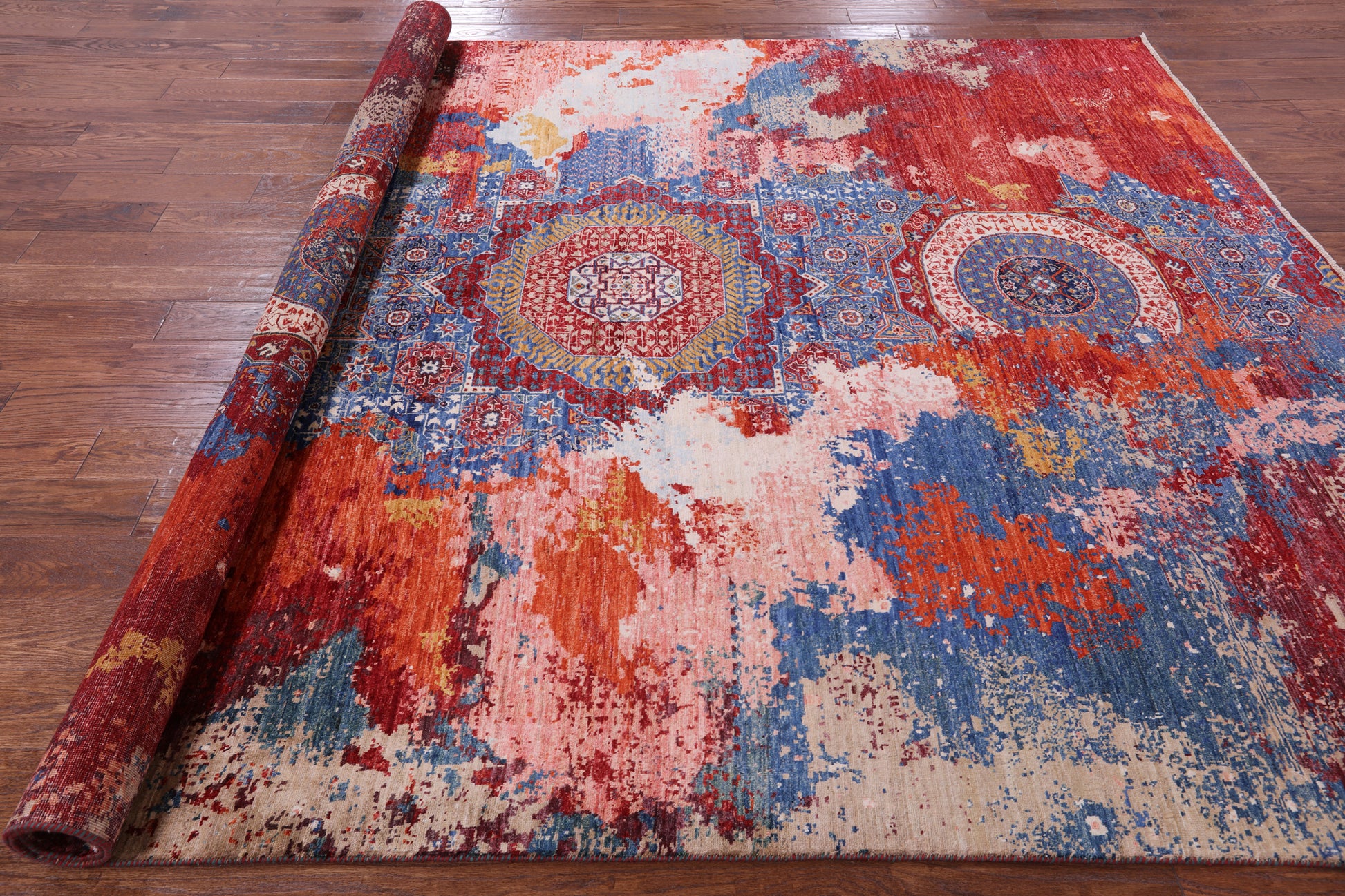 Abstract Modern Mamluk Handmade Wool Rug - 8' 0" X 10' 0" - Golden Nile