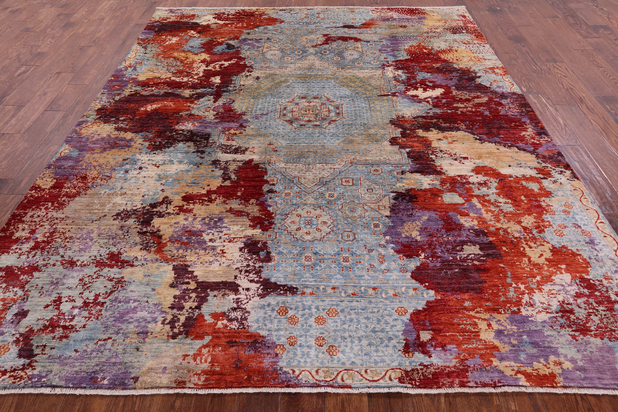 Abstract Modern Mamluk Hand Knotted Wool Rug - 8' 0" X 9' 8" - Golden Nile