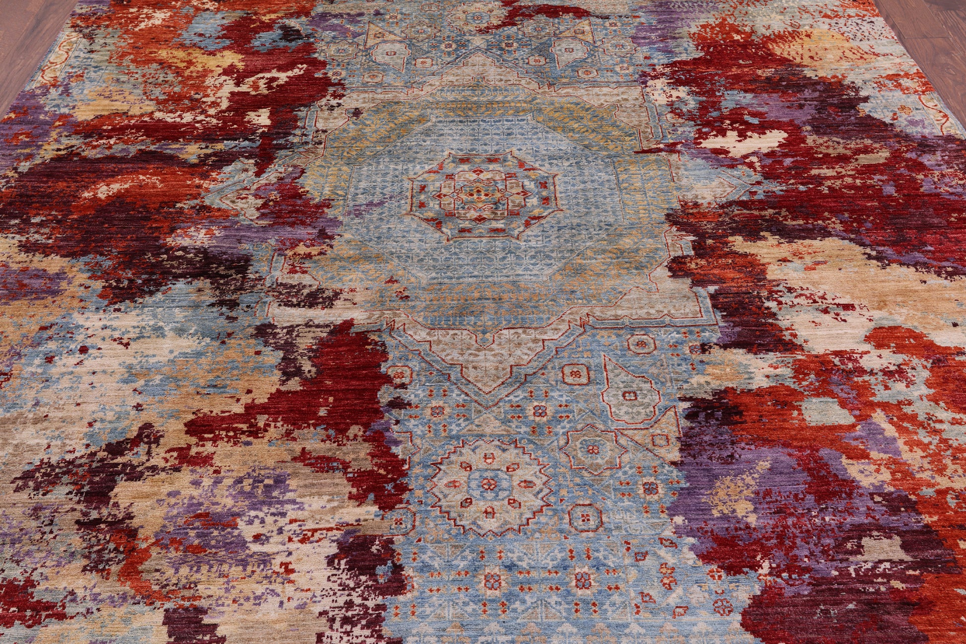 Abstract Modern Mamluk Hand Knotted Wool Rug - 8' 0" X 9' 8" - Golden Nile