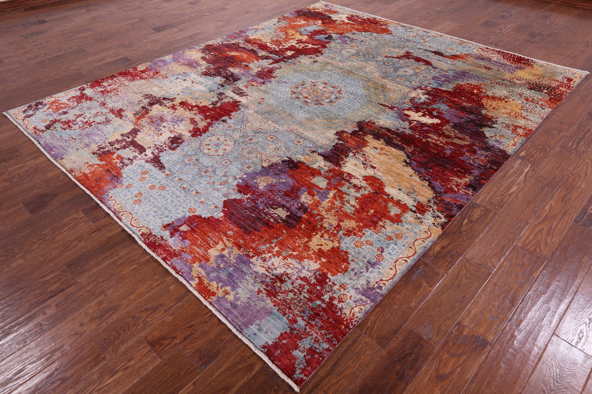 Abstract Modern Mamluk Hand Knotted Wool Rug - 8' 0" X 9' 8" - Golden Nile