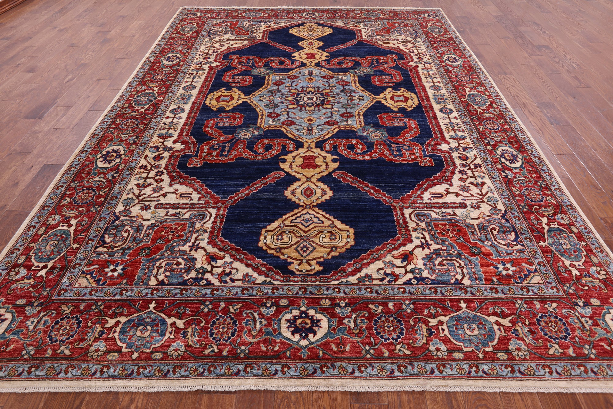 Blue Persian Fine Serapi Hand Knotted Wool Rug - 9' 0" X 12' 3" - Golden Nile