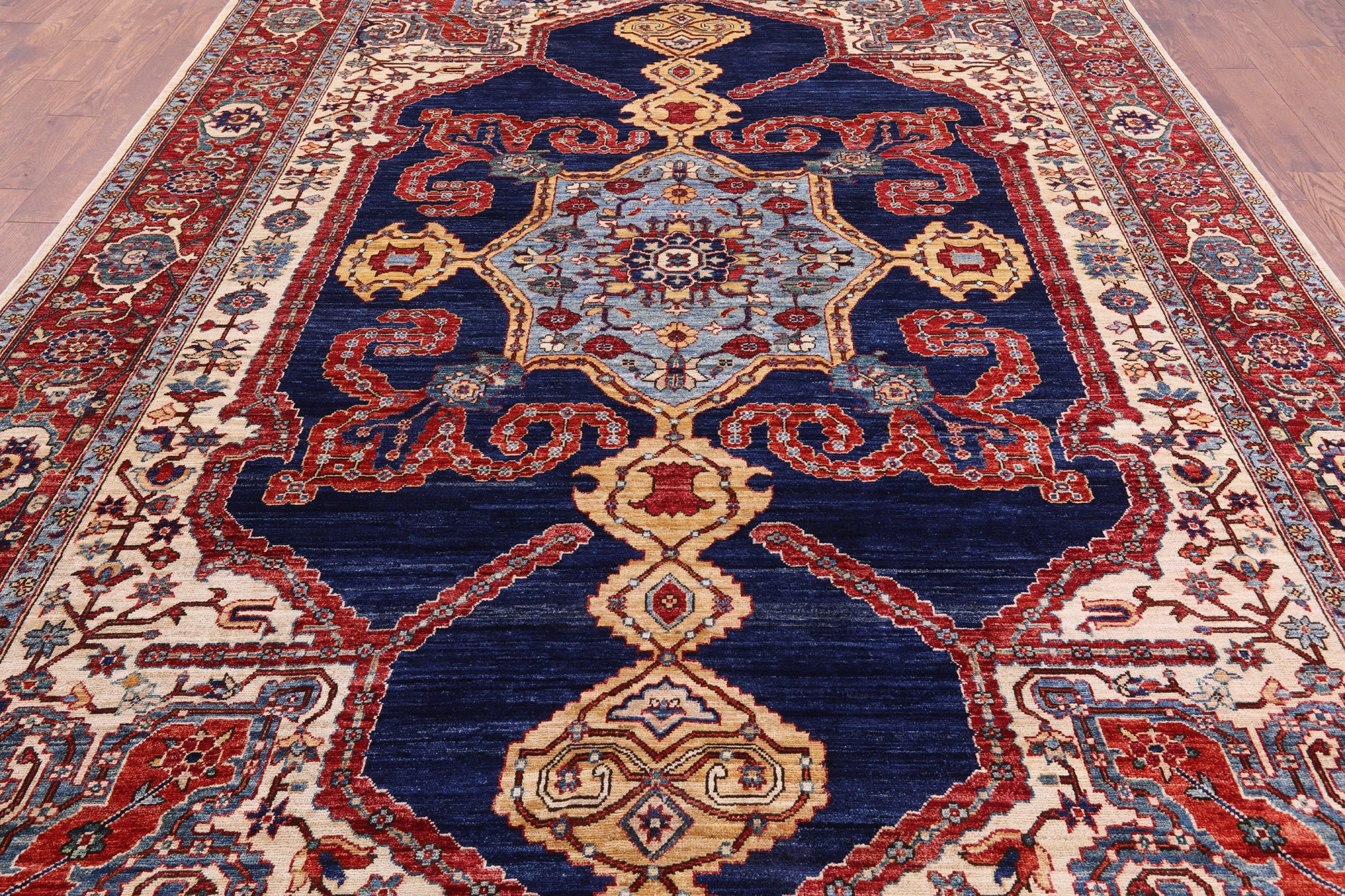 Blue Persian Fine Serapi Hand Knotted Wool Rug - 9' 0" X 12' 3" - Golden Nile