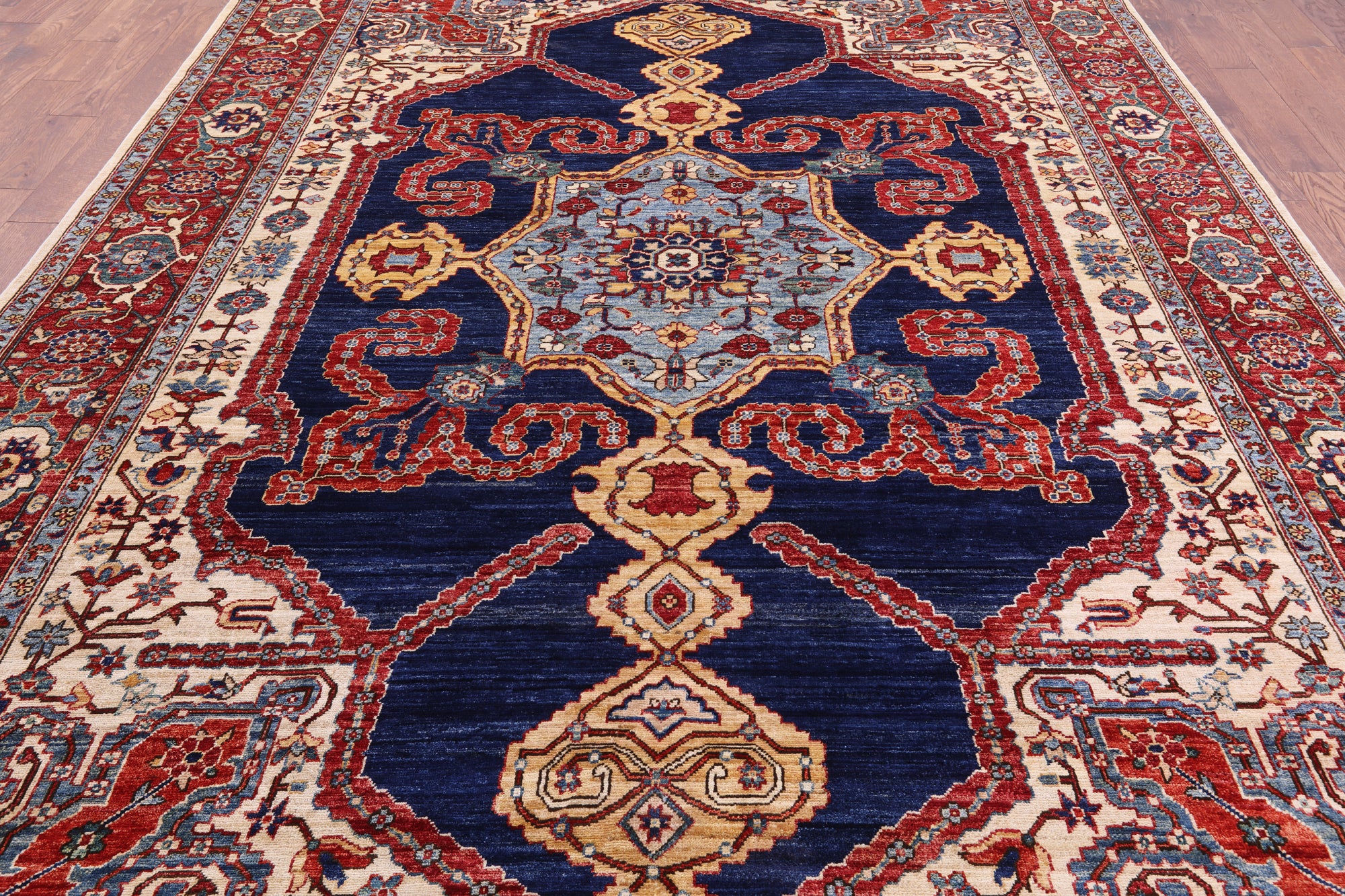 Blue Persian Fine Serapi Hand Knotted Wool Rug - 9' 0" X 12' 3" - Golden Nile