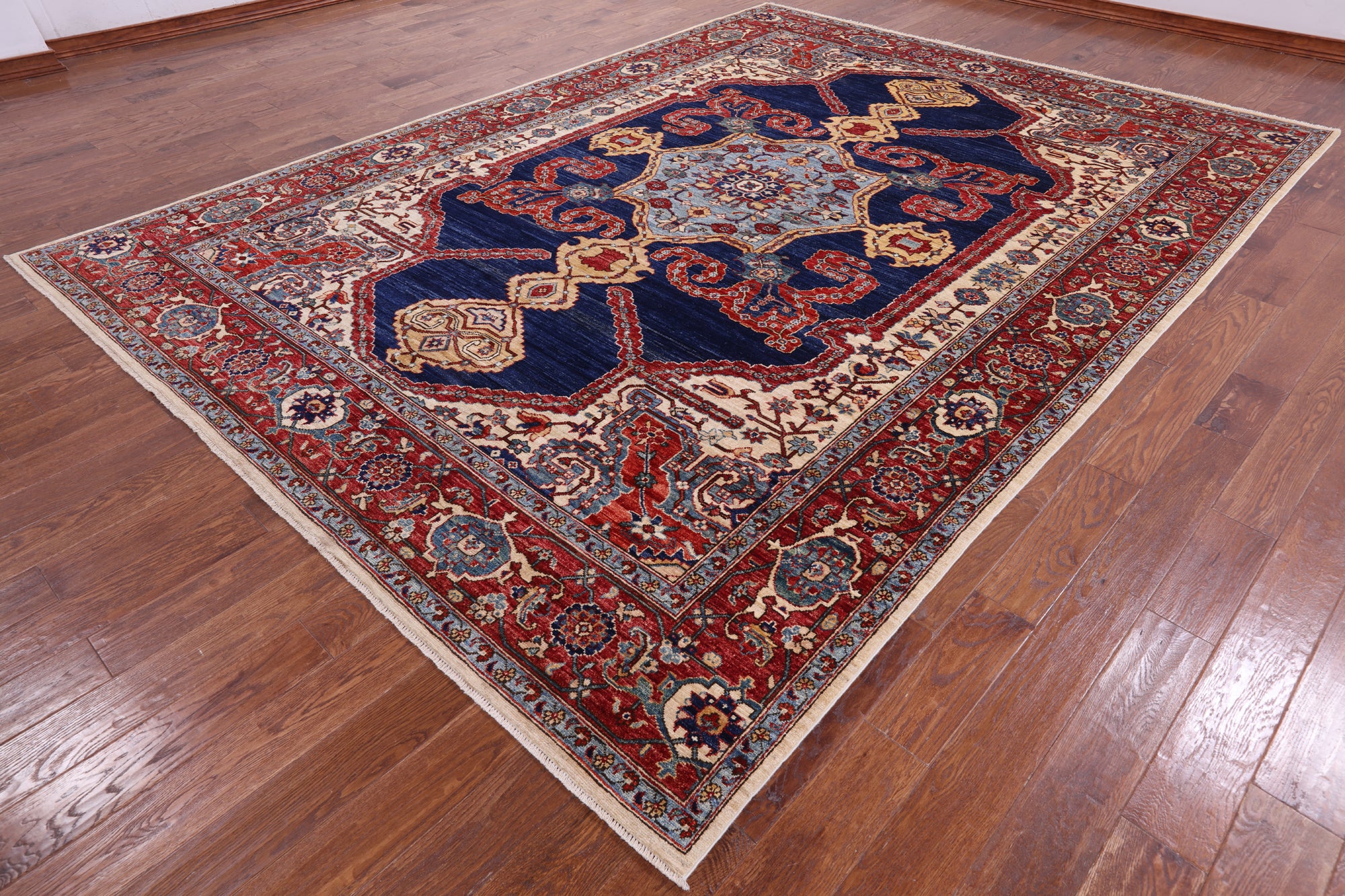 Blue Persian Fine Serapi Hand Knotted Wool Rug - 9' 0" X 12' 3" - Golden Nile