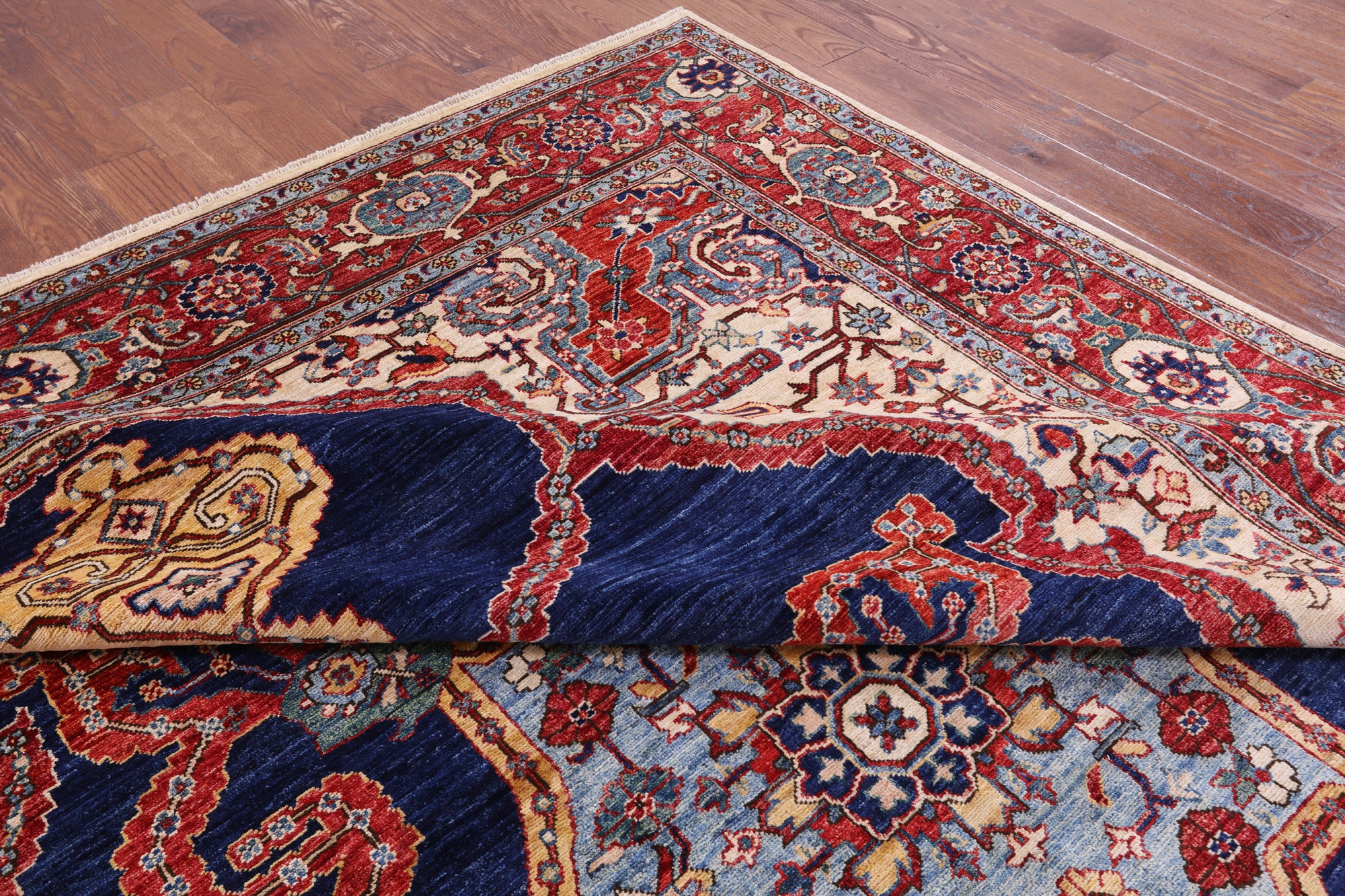 Blue Persian Fine Serapi Hand Knotted Wool Rug - 9' 0" X 12' 3" - Golden Nile