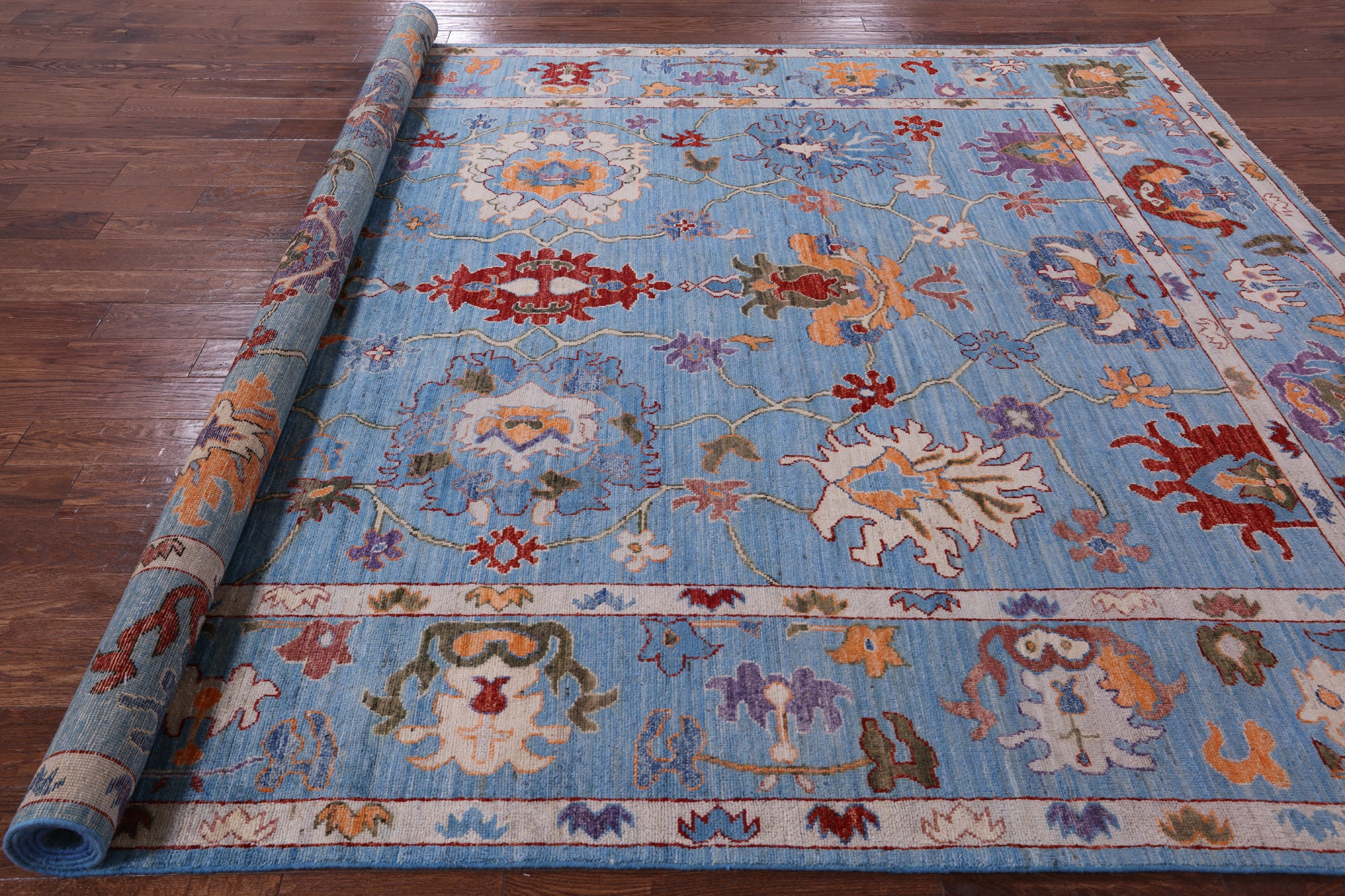 Blue Turkish Oushak Hand Knotted Wool Rug - 8' 9" X 12' 3" - Golden Nile