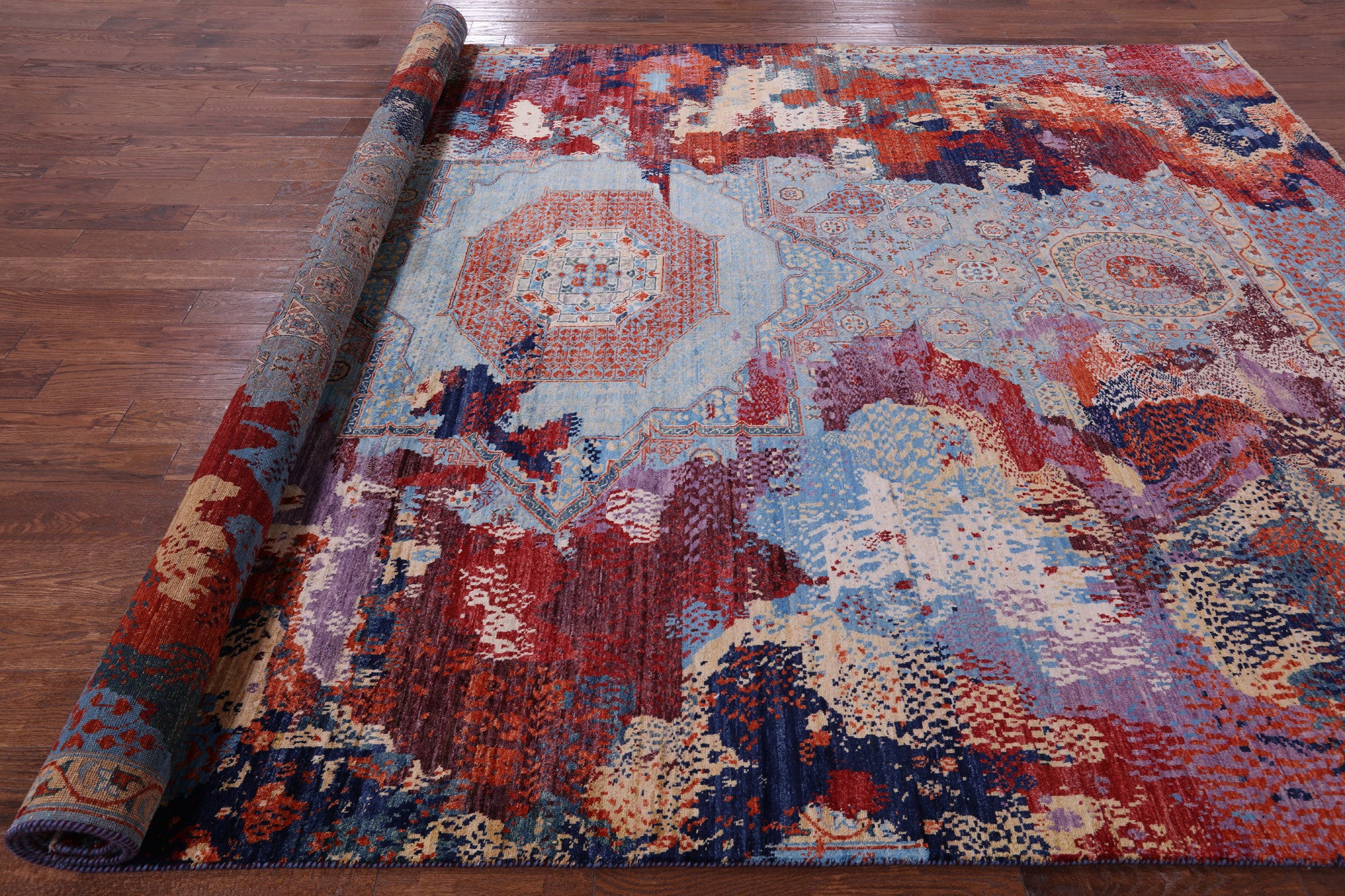 Abstract Modern Mamluk Handmade Wool Rug - 9' 1" X 13' 2" - Golden Nile