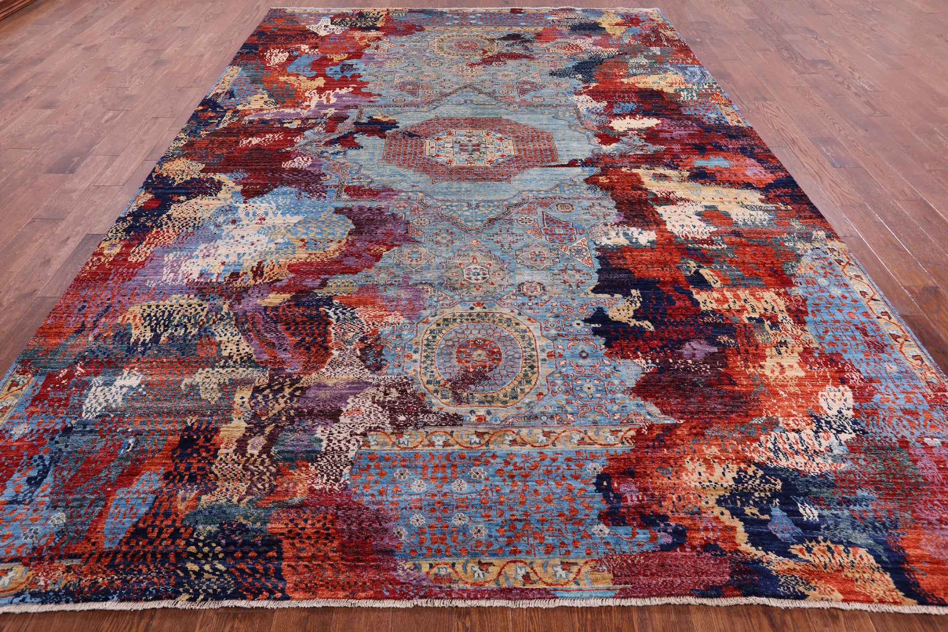 Abstract Modern Mamluk Handmade Wool Rug - 9' 1" X 13' 2" - Golden Nile