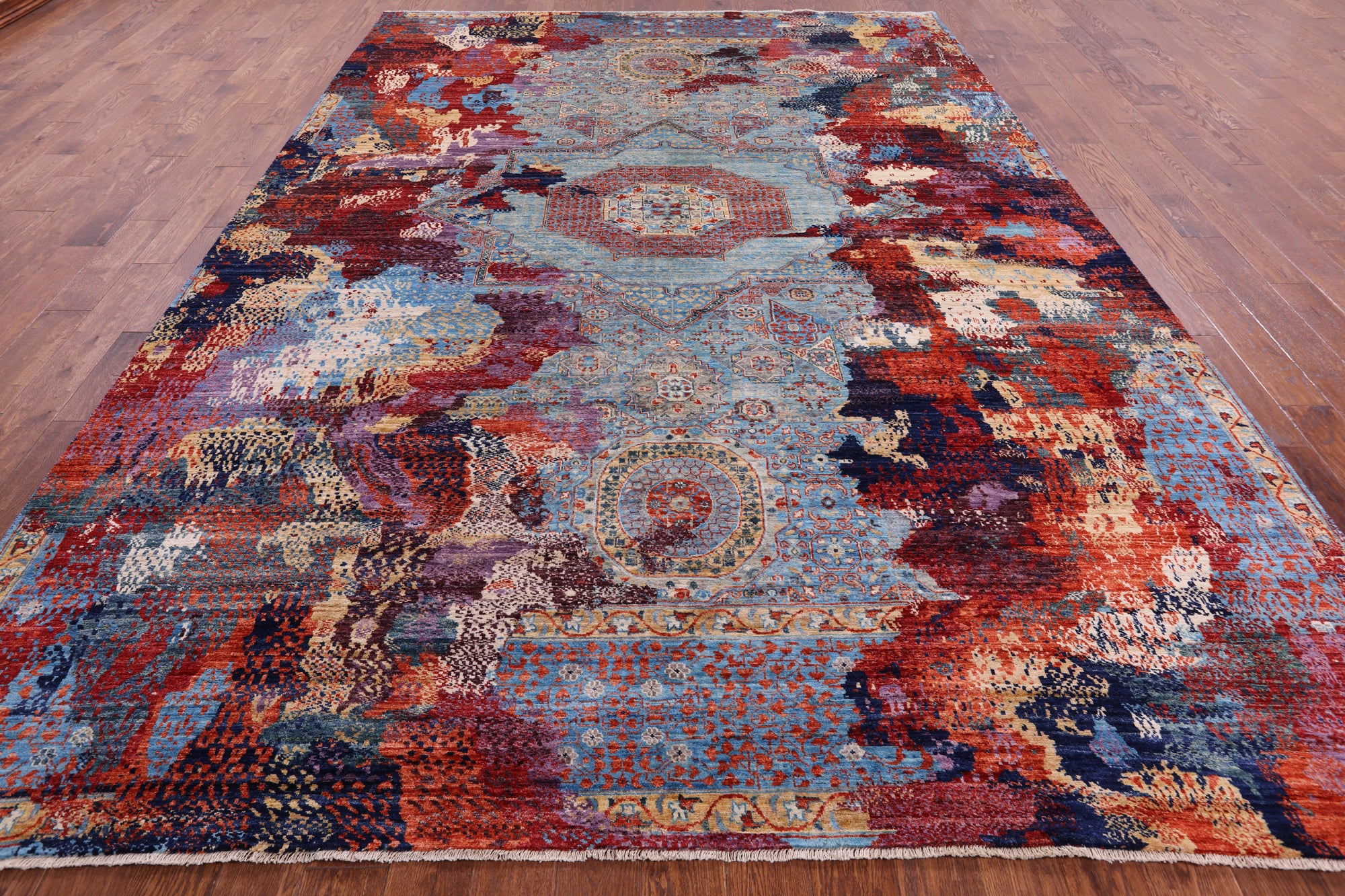 Abstract Modern Mamluk Handmade Wool Rug - 9' 1" X 13' 2" - Golden Nile