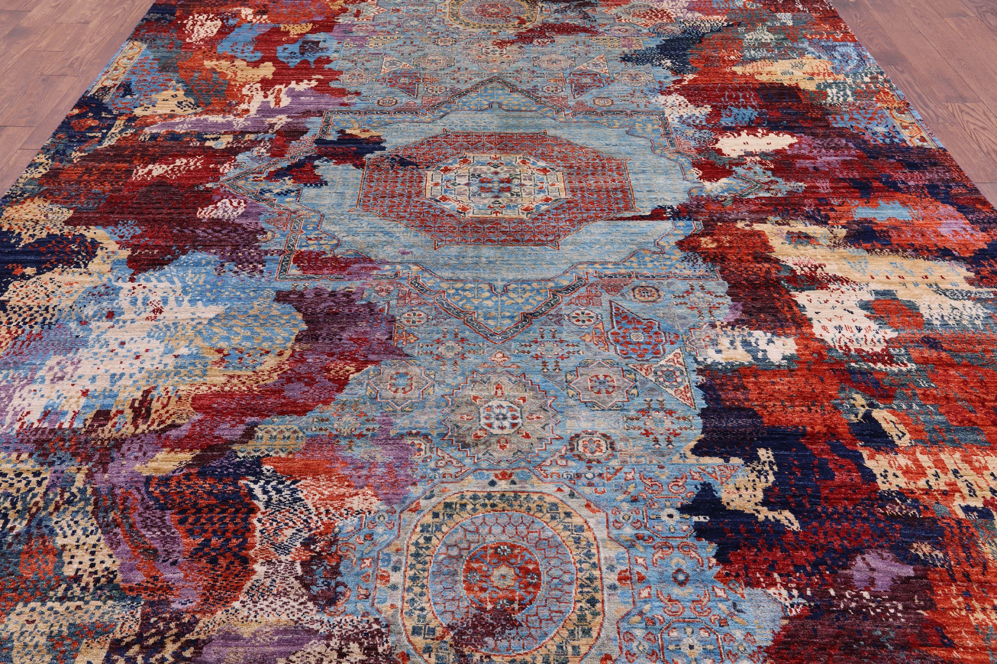 Abstract Modern Mamluk Handmade Wool Rug - 9' 1" X 13' 2" - Golden Nile