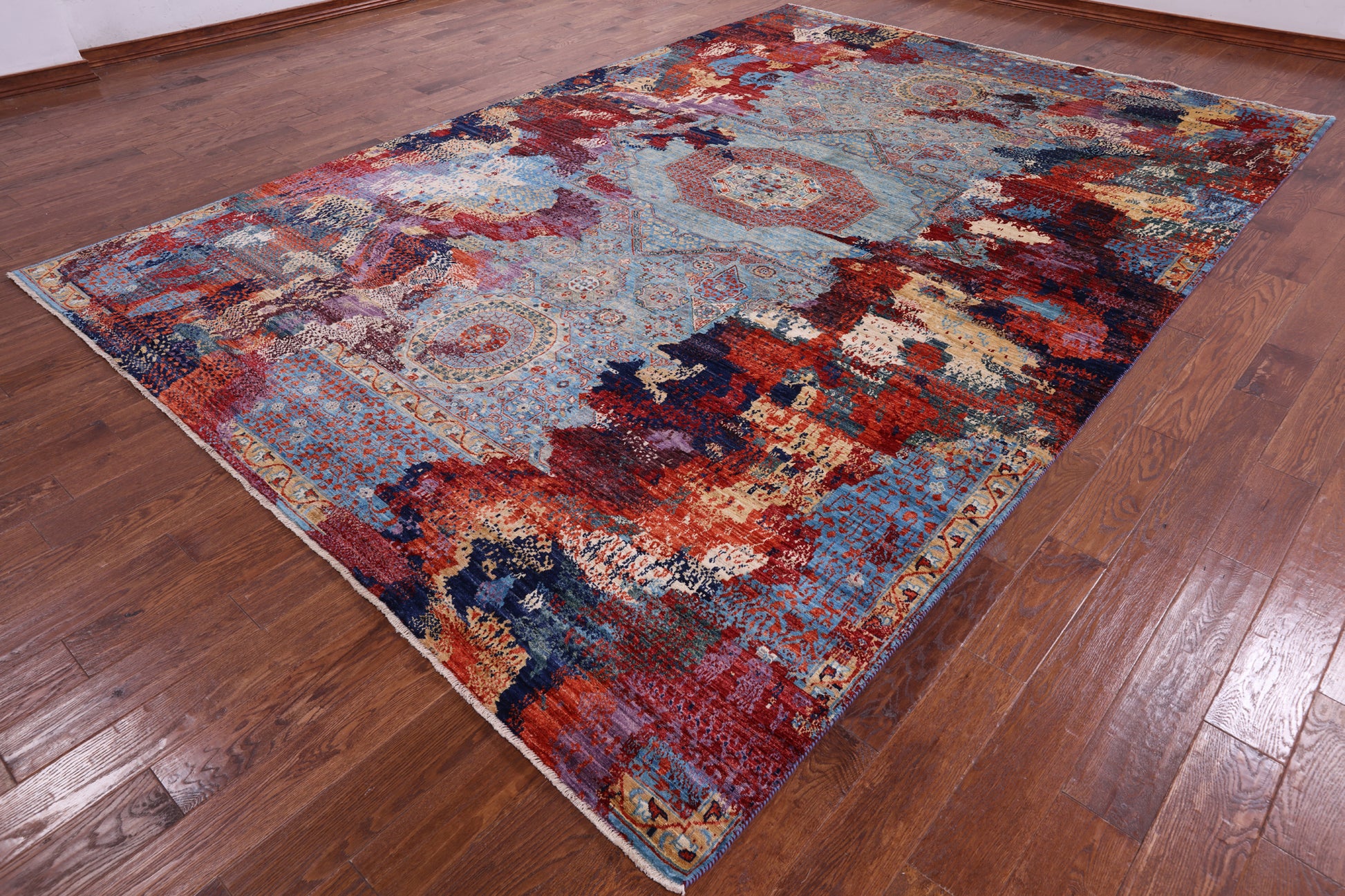 Abstract Modern Mamluk Handmade Wool Rug - 9' 1" X 13' 2" - Golden Nile
