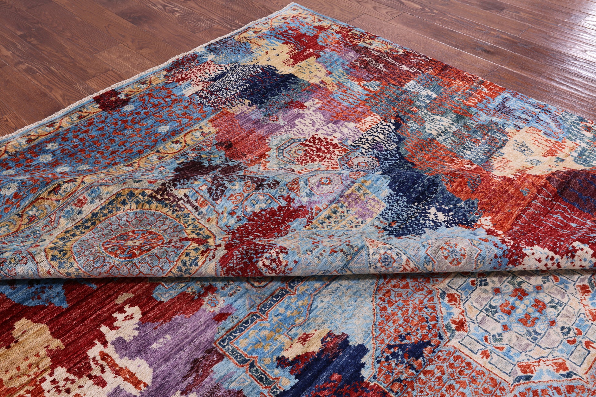 Abstract Modern Mamluk Handmade Wool Rug - 9' 1" X 13' 2" - Golden Nile