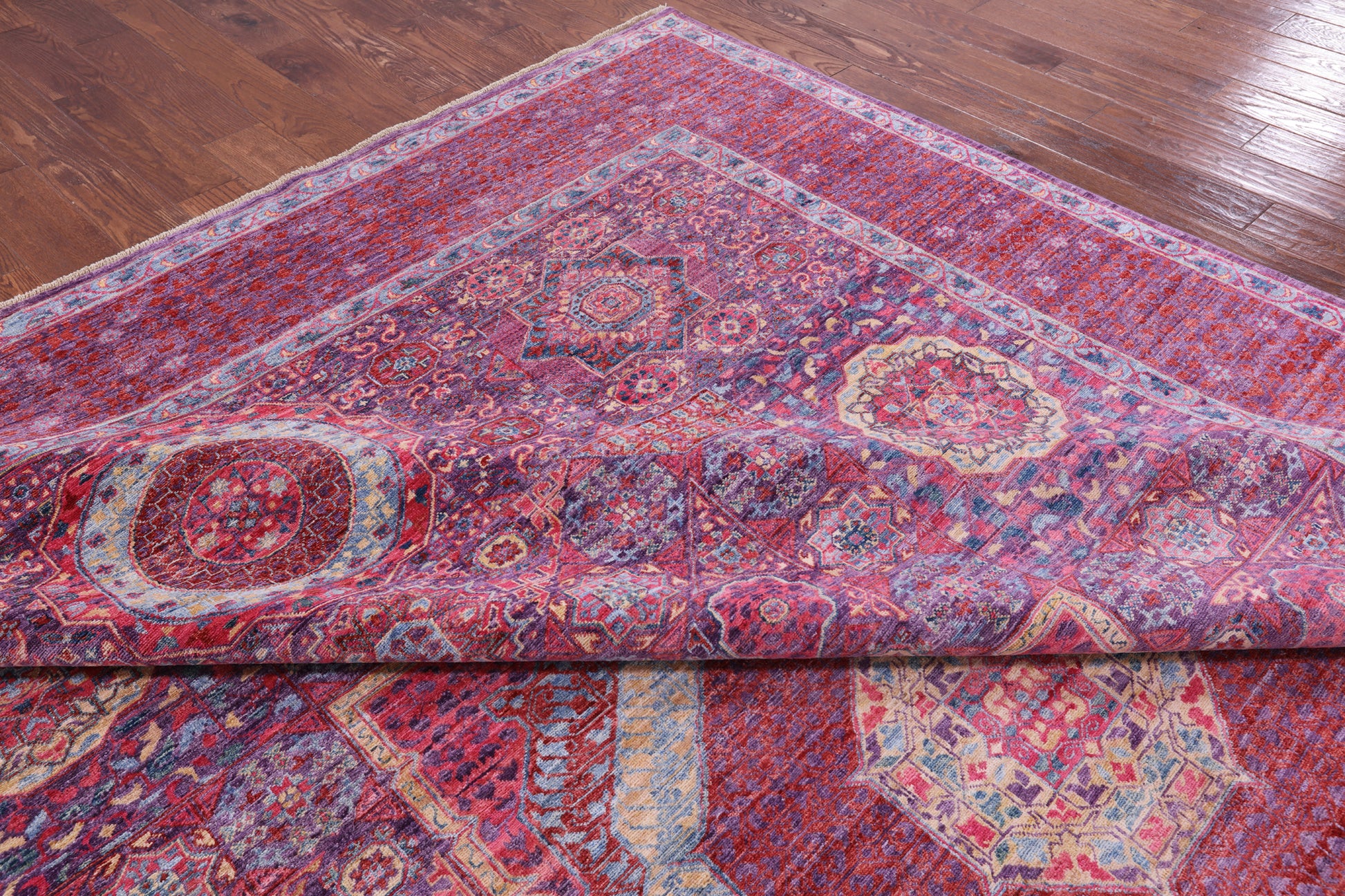 Purple Geometric Persian Mamluk Hand Knotted Wool Rug - 9' 9" X 13' 5" - Golden Nile