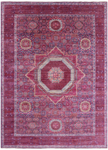 Purple Geometric Persian Mamluk Hand Knotted Wool Rug - 9' 9