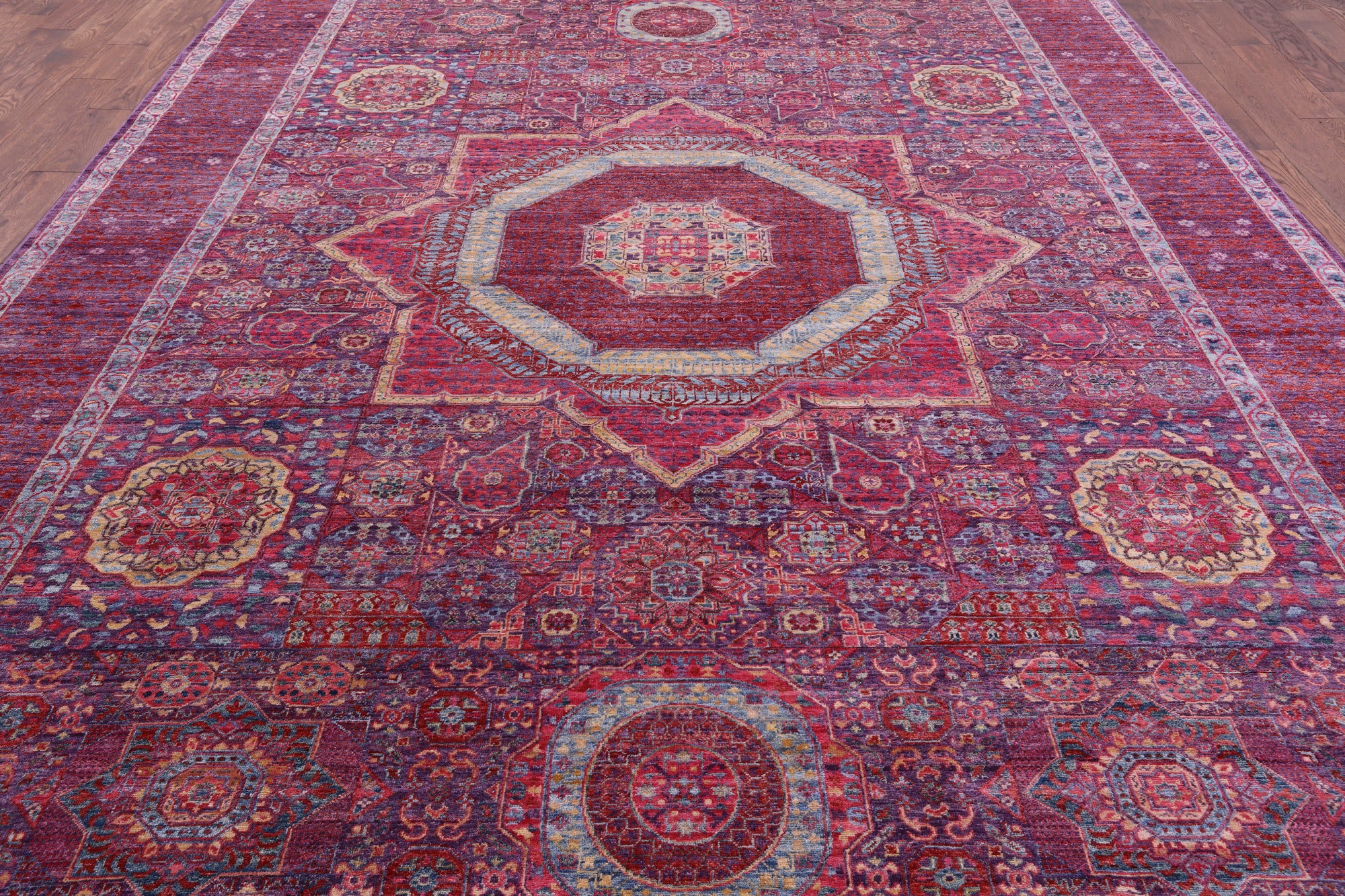 Purple Geometric Persian Mamluk Hand Knotted Wool Rug - 9' 9" X 13' 5" - Golden Nile