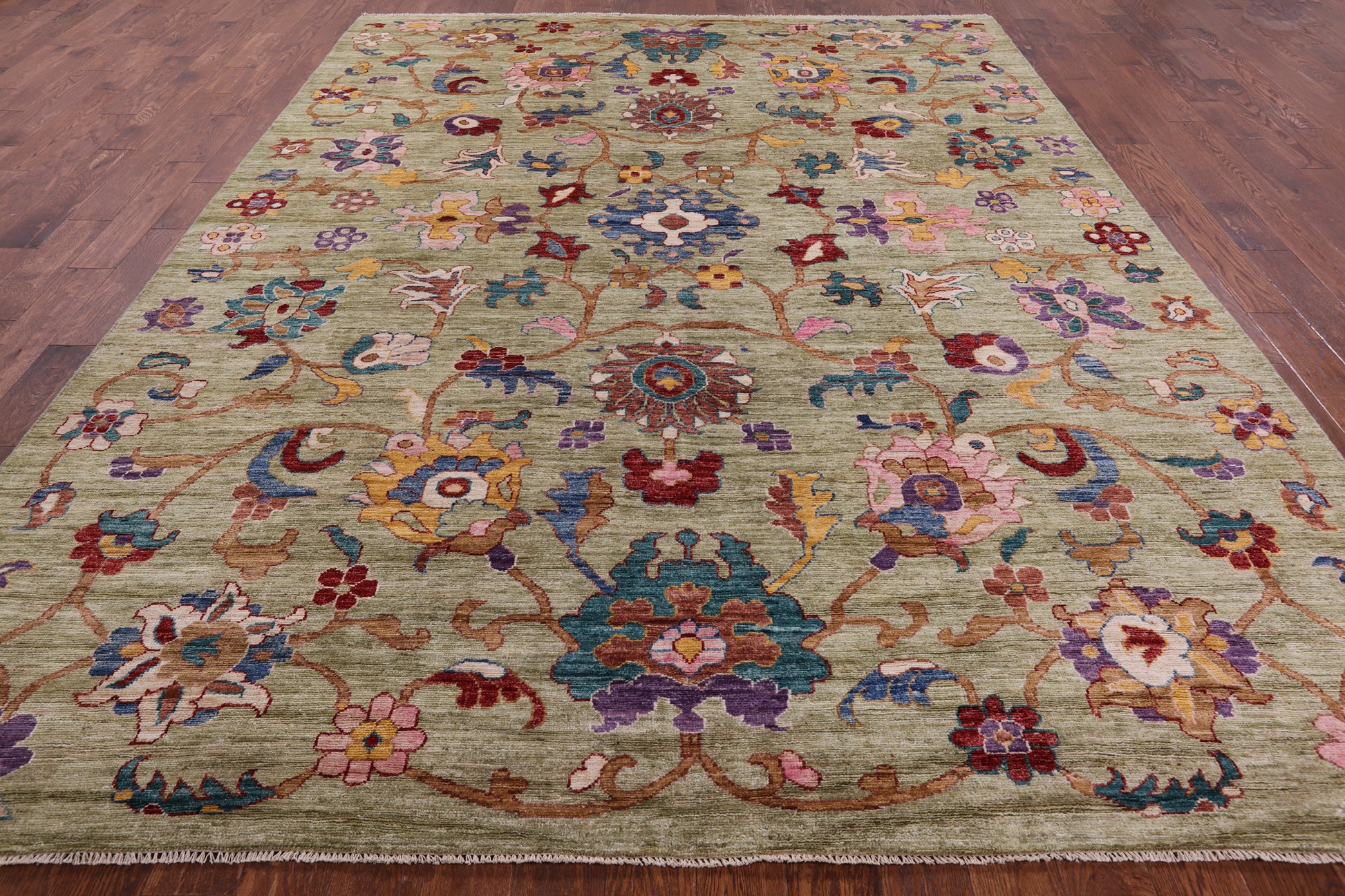 Green Turkish Oushak Hand Knotted Wool Rug - 9' 0" X 11' 10" - Golden Nile
