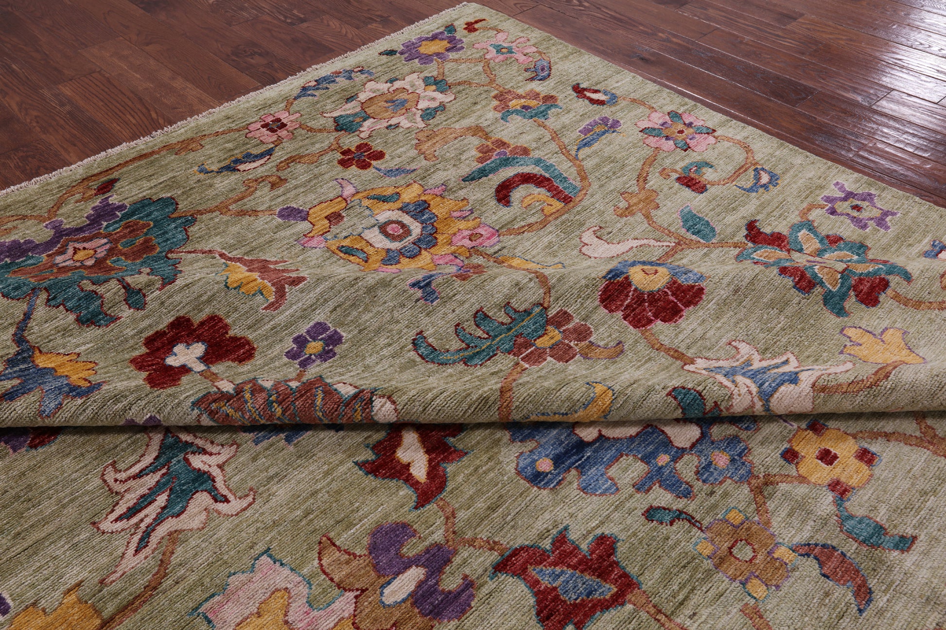 Green Turkish Oushak Hand Knotted Wool Rug - 9' 0" X 11' 10" - Golden Nile