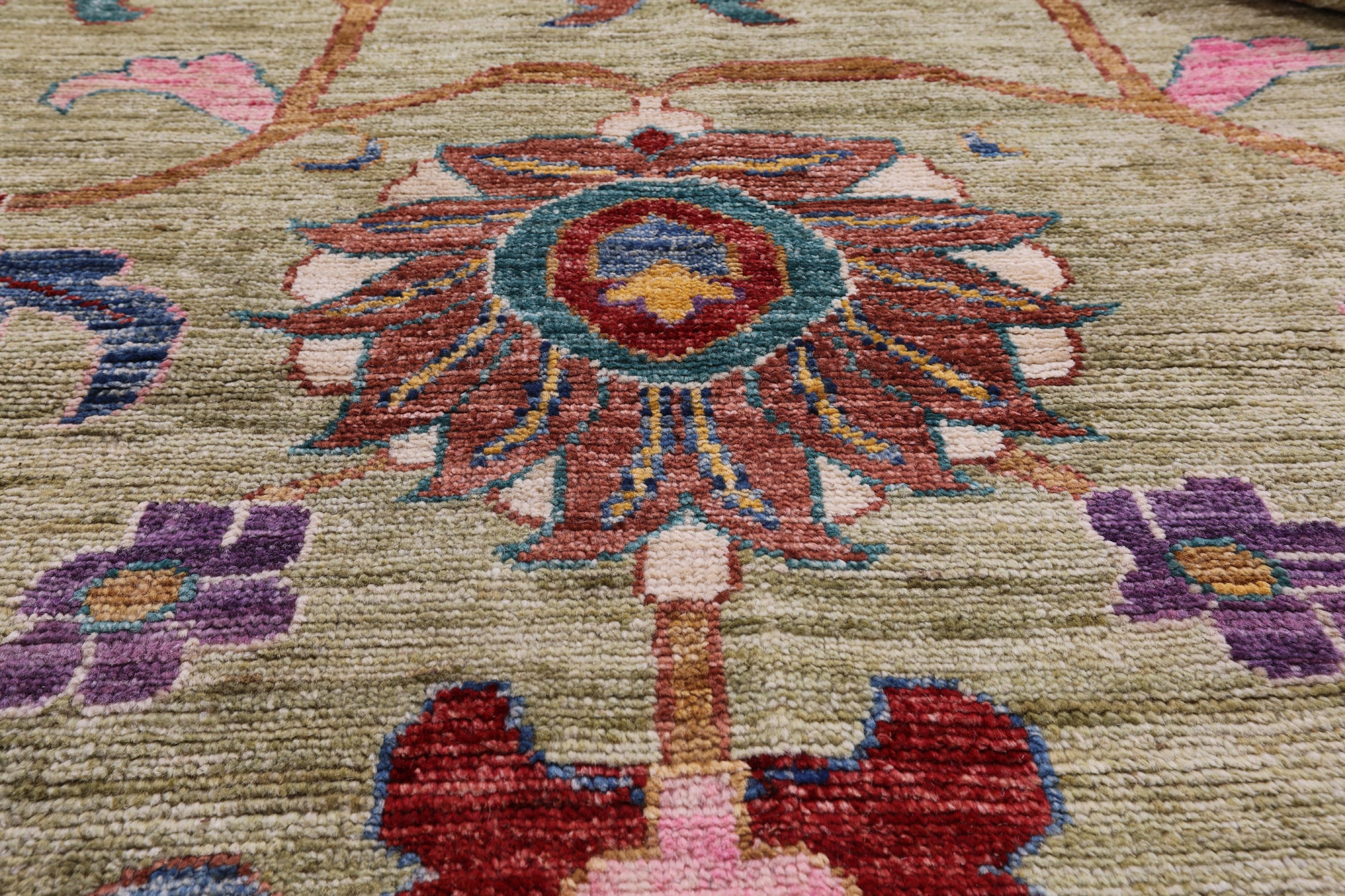 Green Turkish Oushak Hand Knotted Wool Rug - 9' 0" X 11' 10" - Golden Nile