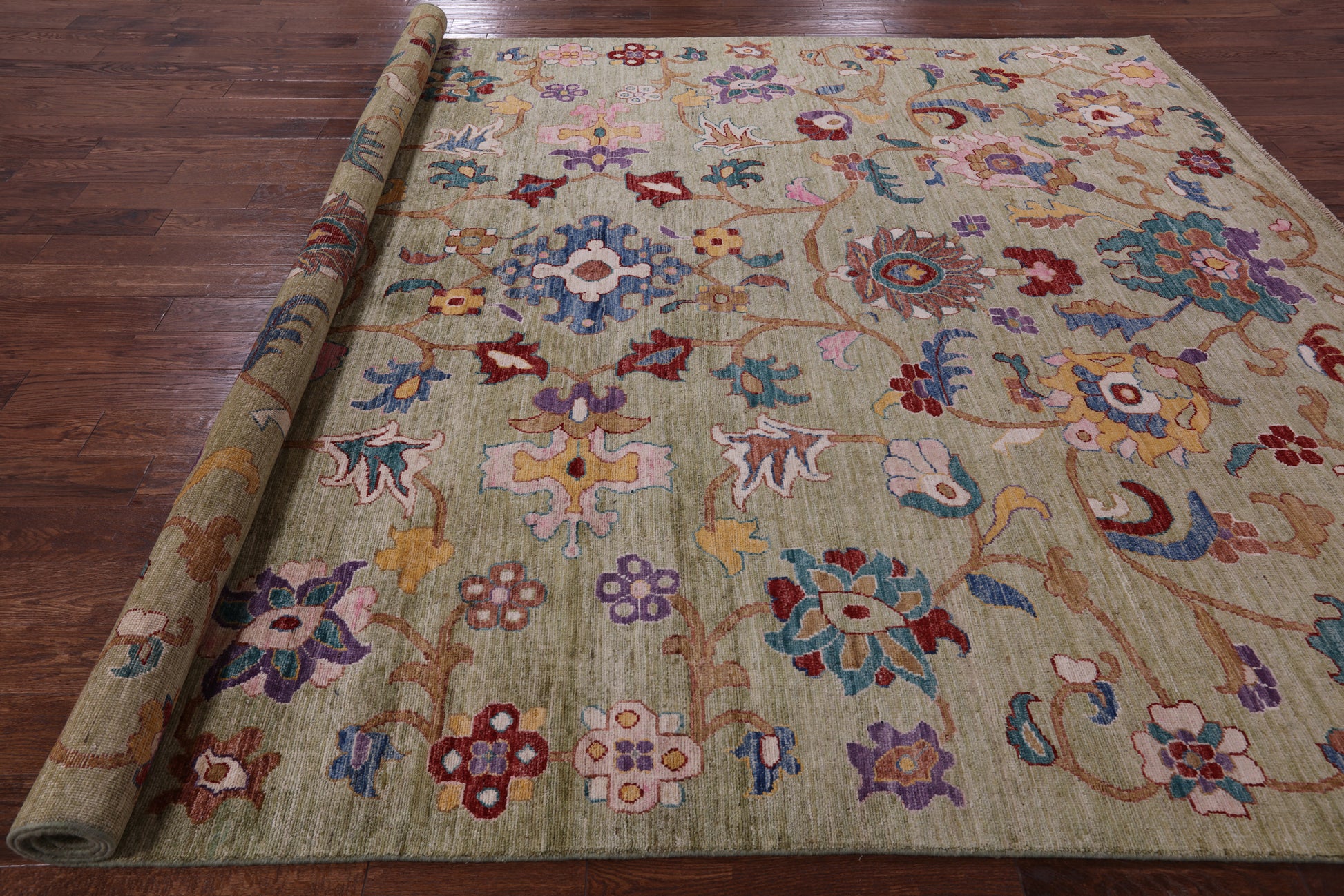 Green Turkish Oushak Hand Knotted Wool Rug - 9' 0" X 11' 10" - Golden Nile