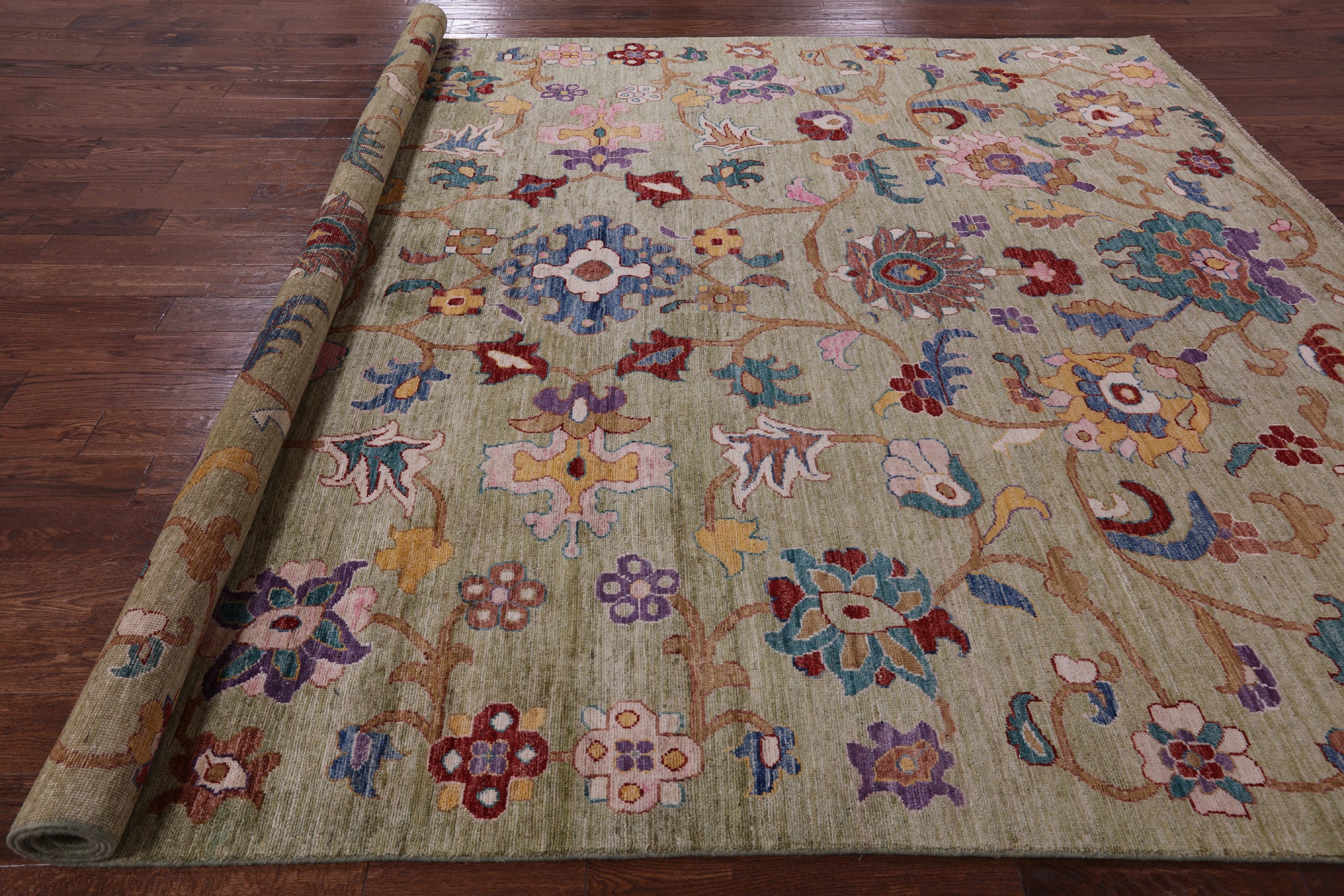 Green Turkish Oushak Hand Knotted Wool Rug - 9' 0" X 11' 10" - Golden Nile