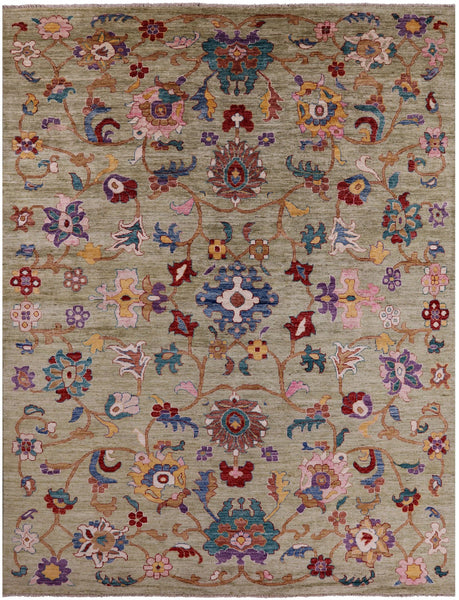 Green Turkish Oushak Hand Knotted Wool Rug - 9' 0" X 11' 10" - Golden Nile