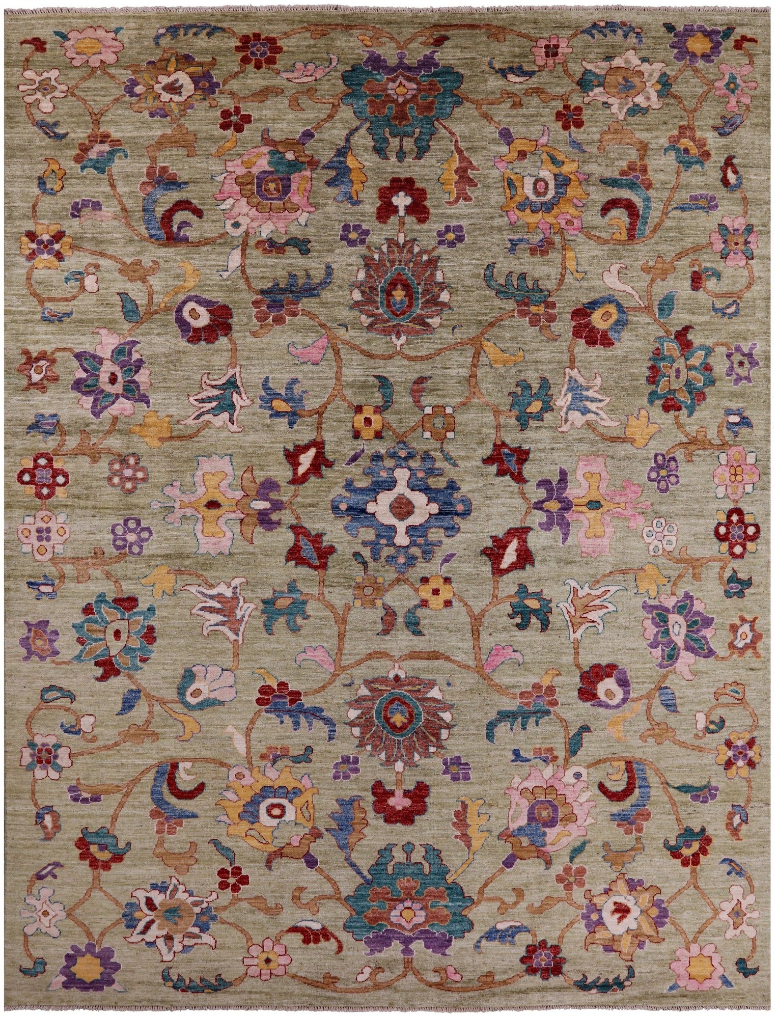 Green Turkish Oushak Hand Knotted Wool Rug - 9' 0" X 11' 10" - Golden Nile