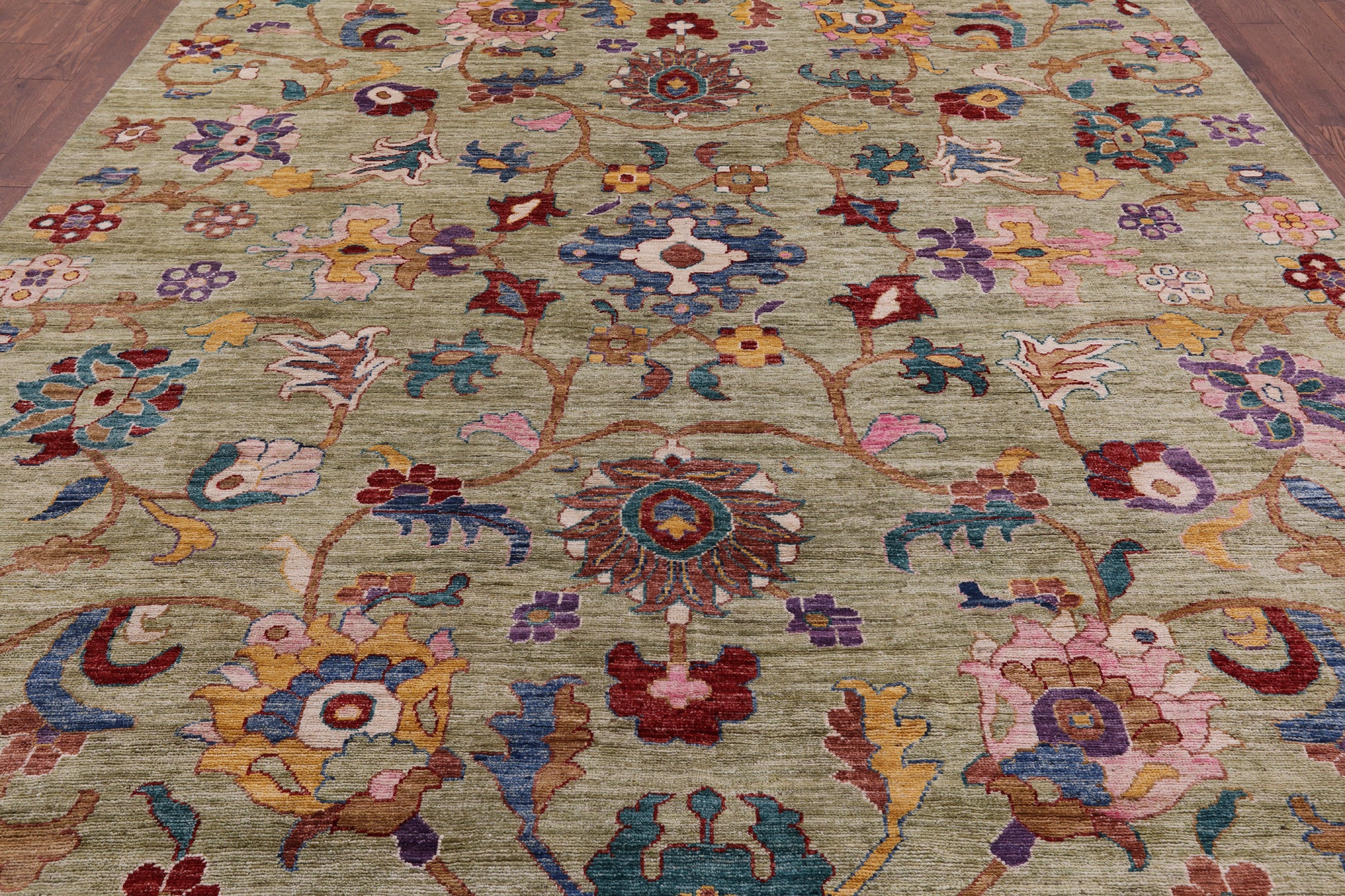 Green Turkish Oushak Hand Knotted Wool Rug - 9' 0" X 11' 10" - Golden Nile