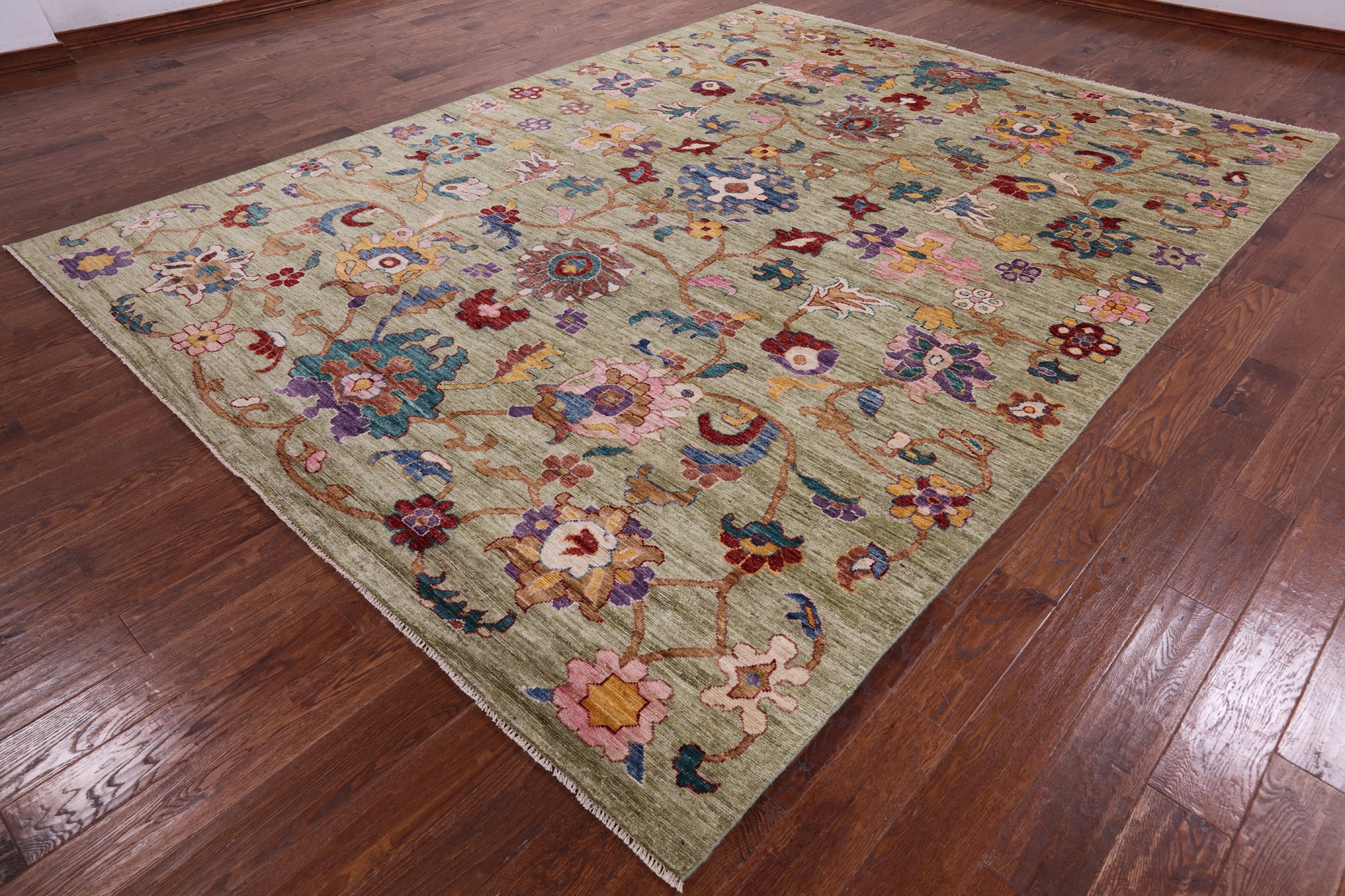 Green Turkish Oushak Hand Knotted Wool Rug - 9' 0" X 11' 10" - Golden Nile