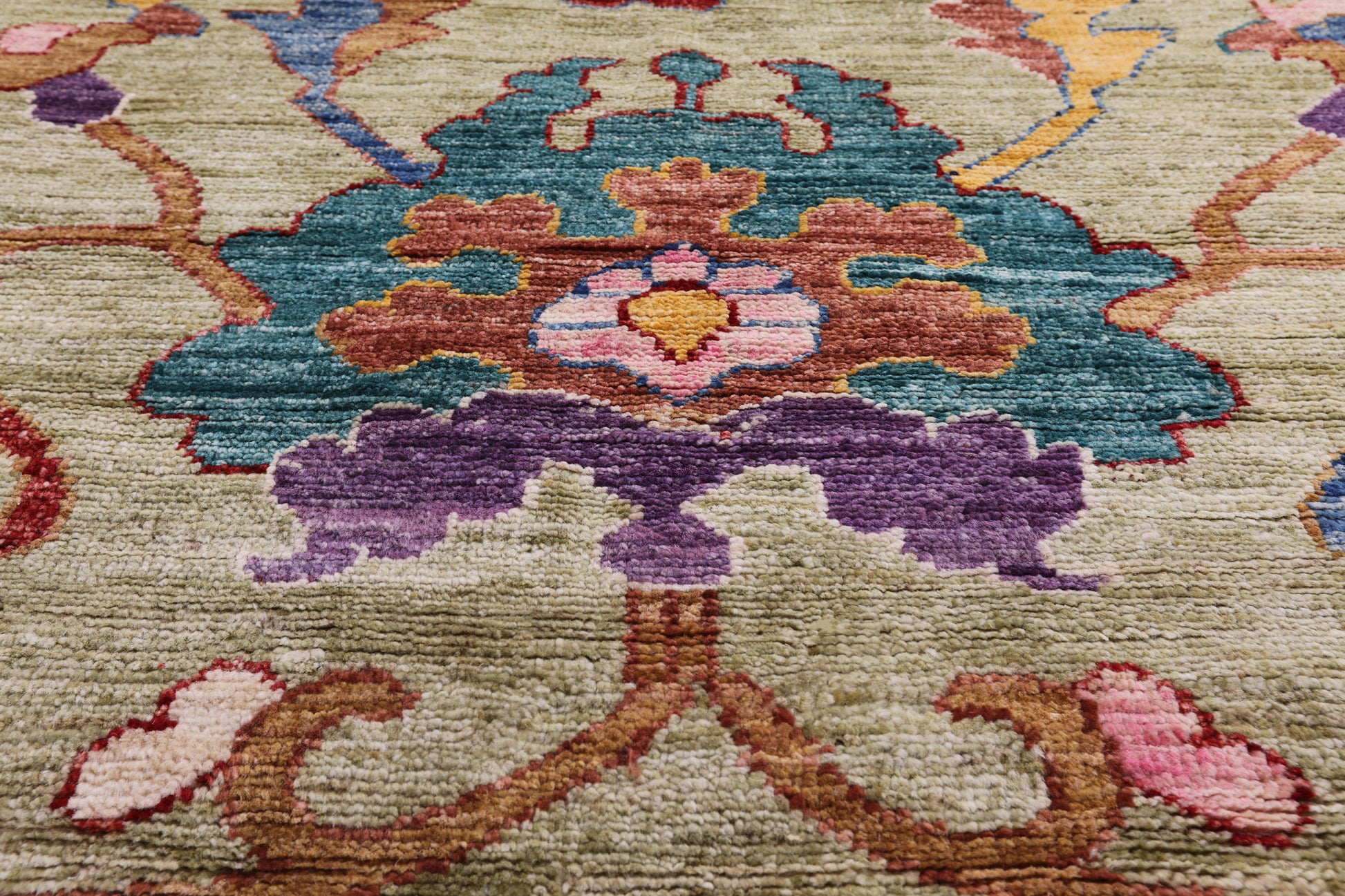 Green Turkish Oushak Hand Knotted Wool Rug - 9' 0" X 11' 10" - Golden Nile