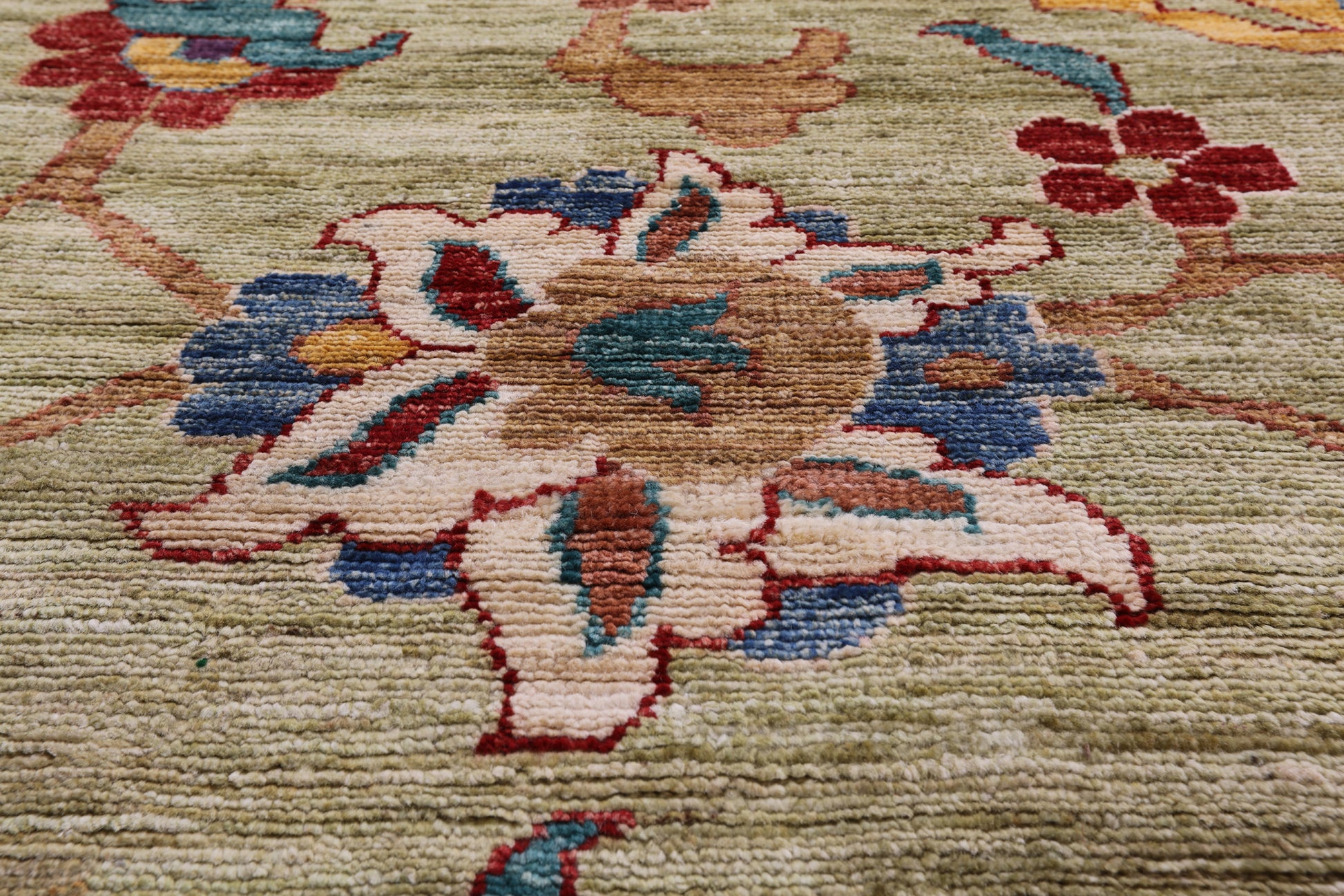 Green Turkish Oushak Hand Knotted Wool Rug - 9' 0" X 11' 10" - Golden Nile