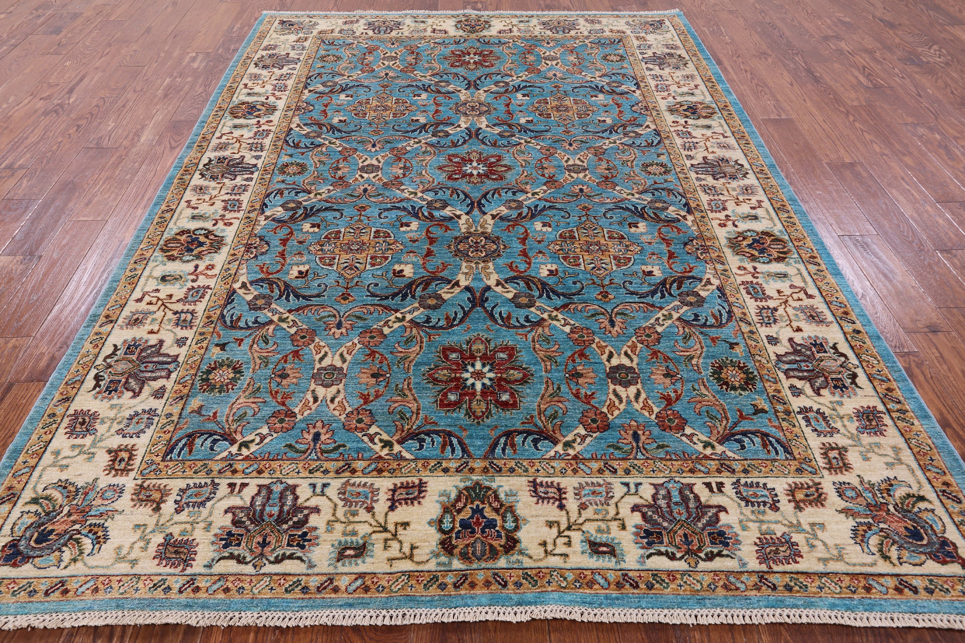Blue Peshawar Hand Knotted Wool Rug - 7' 0" X 9' 8" - Golden Nile