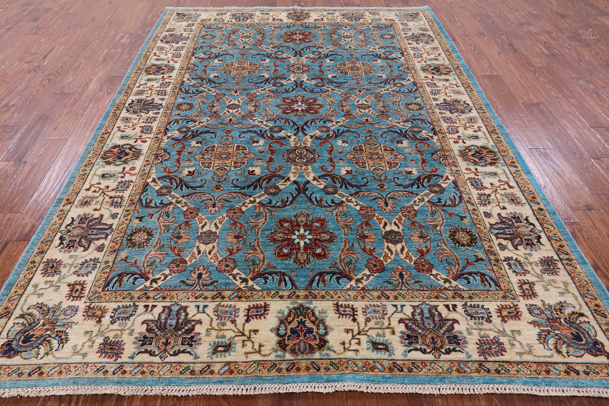 Blue Peshawar Hand Knotted Wool Rug - 7' 0" X 9' 8" - Golden Nile