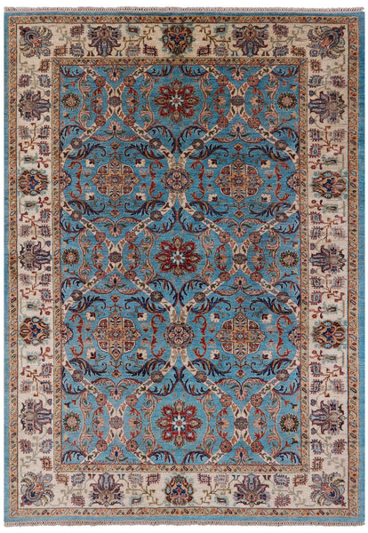 Blue Peshawar Hand Knotted Wool Rug - 7' 0" X 9' 8" - Golden Nile